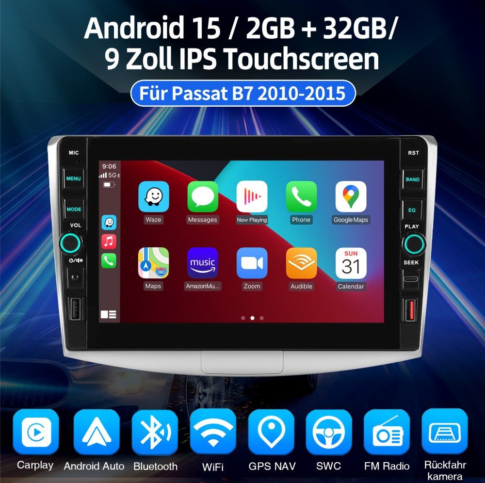 ESSGOO 9" Für VW Passat B7 CC Magotan 2011-2015 Android 15 Carplay FM RDS GPS Navigationsgerät (Carplay Android Auto Bluetooth FM AM RDS WIFI GPS Navigationsgerät)