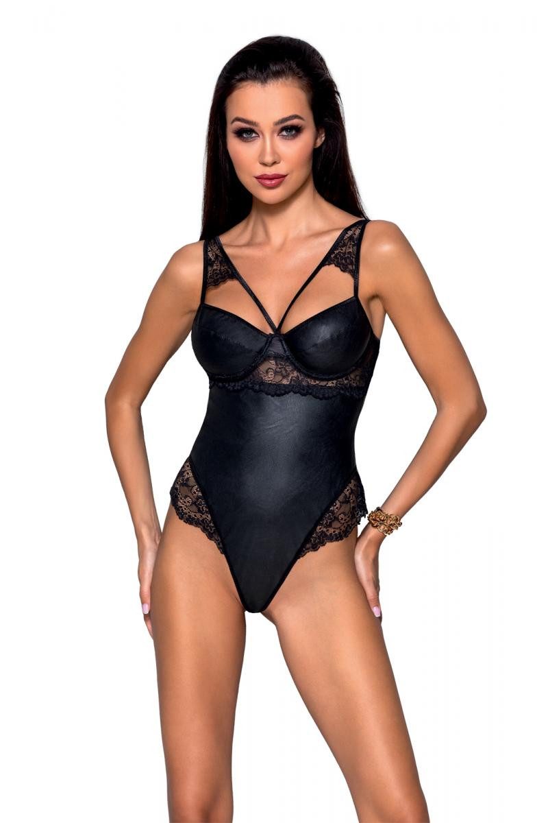 Stringbody Schwarzer String Body aus Kunstleder und Spitze elastisch blickdicht m
