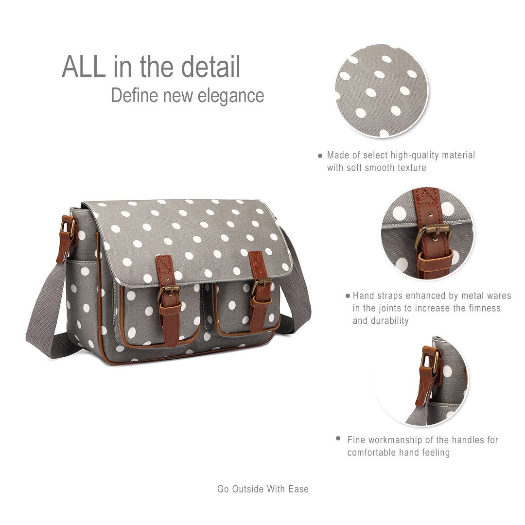 KONO Messenger Bag Große Umhängetasche aus Wachstuch (Punkte-Design)