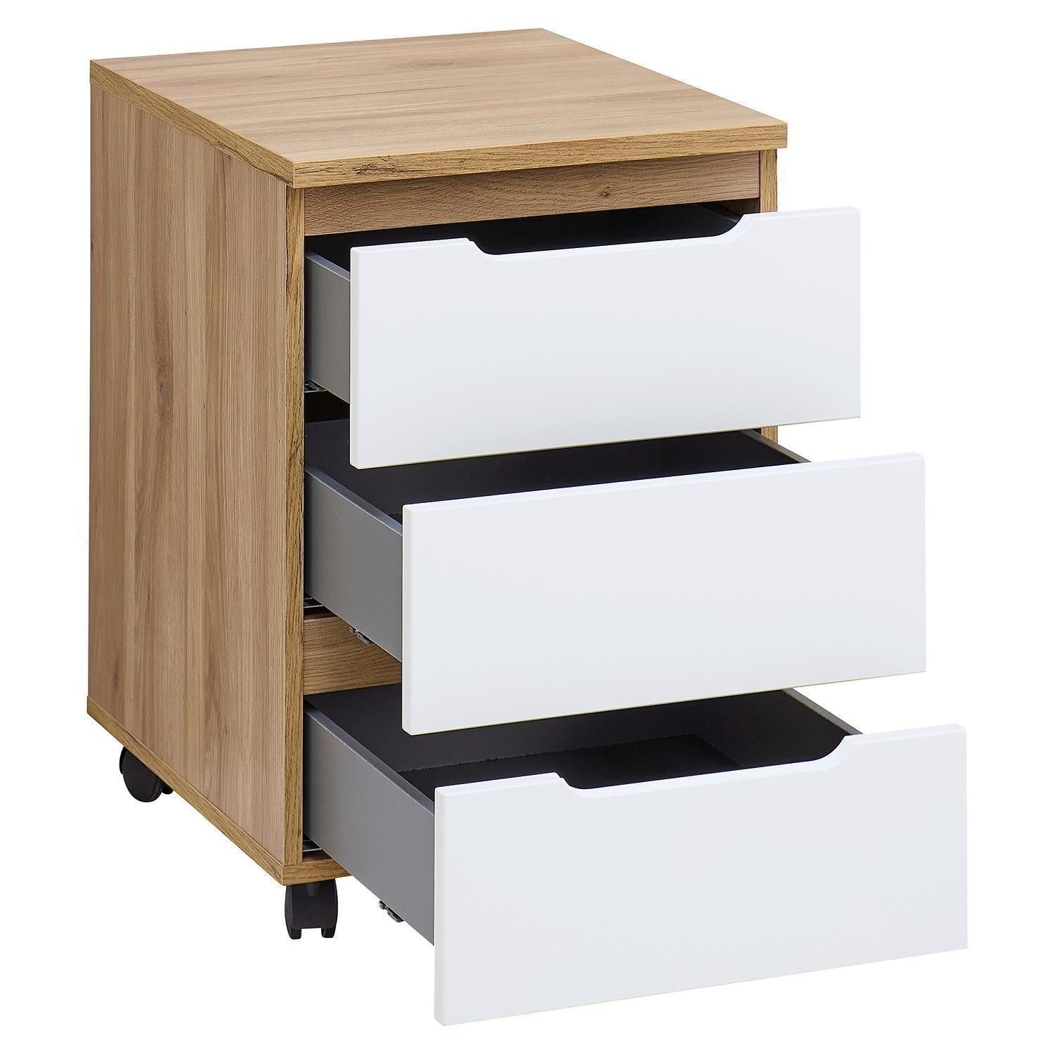 Vito Rollcontainer CLYDE, Mauvella Eiche Dekor, Weiß supermatt, 3 Schubladen, mit Rollen, B 45 x H 66 x T 55 cm