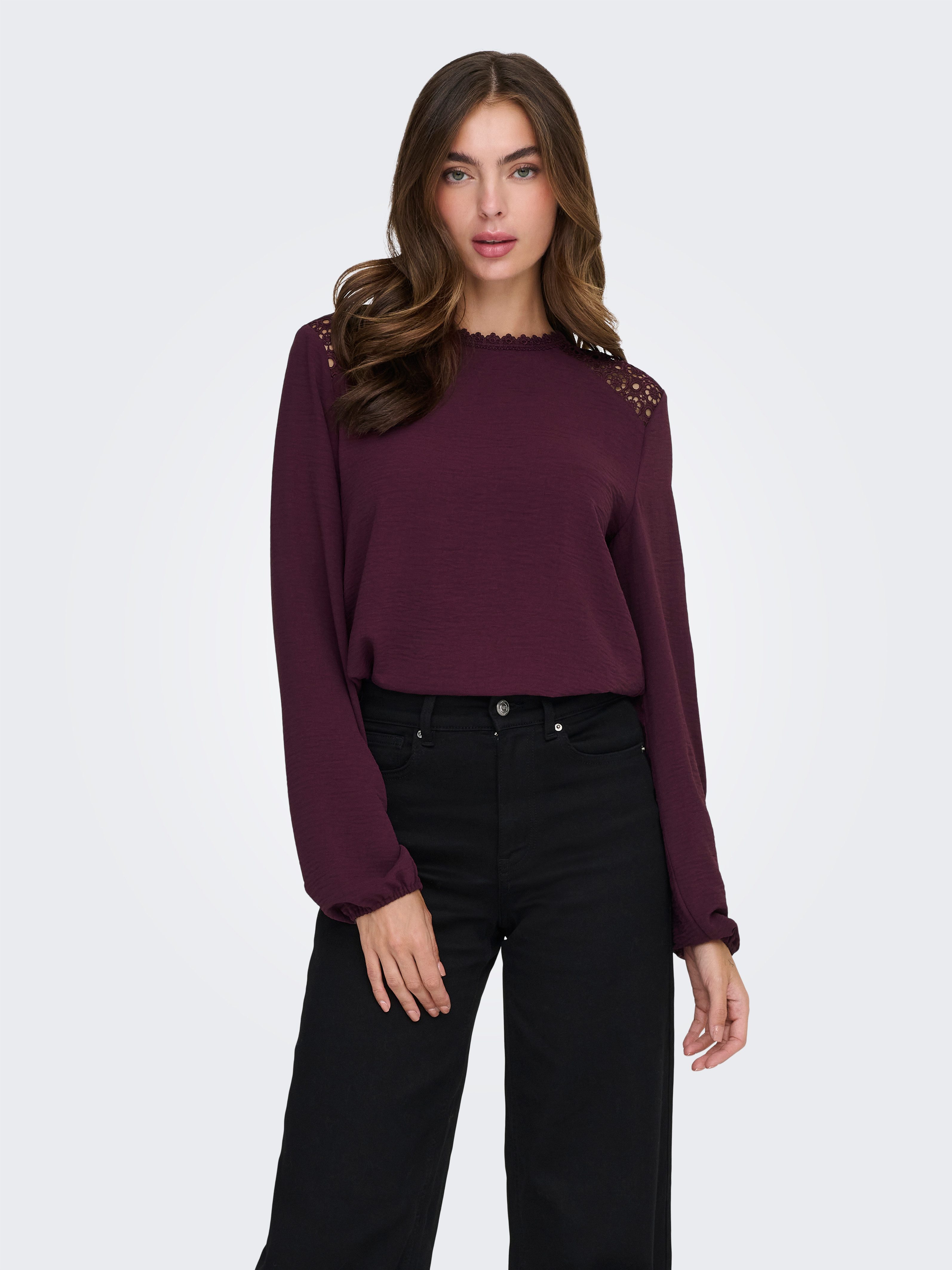 ONLY Shirtbluse ONLKATCHA LIFE LS O-NECK LACE TOP CS WVN Kunstfaser, regular fit, mit Spitzen Detail