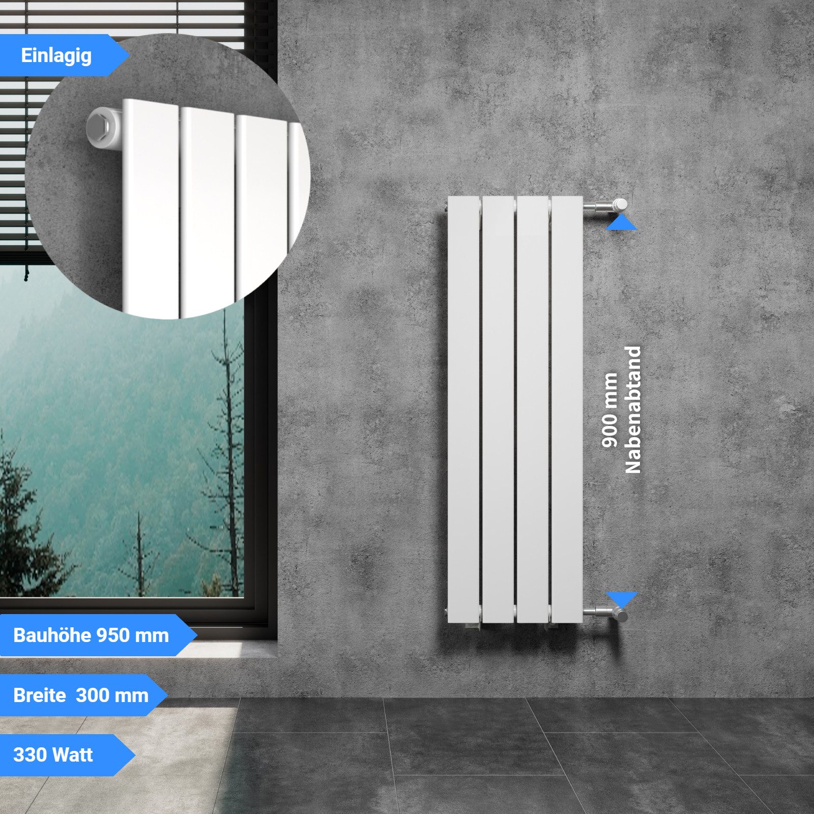 WITEN&NOCK Designheizkörper Flach Paneelheizkörper mit Seitenanschluss Nabenabstand 900mm Weiß, horizontal, doppellagig/Einlagig