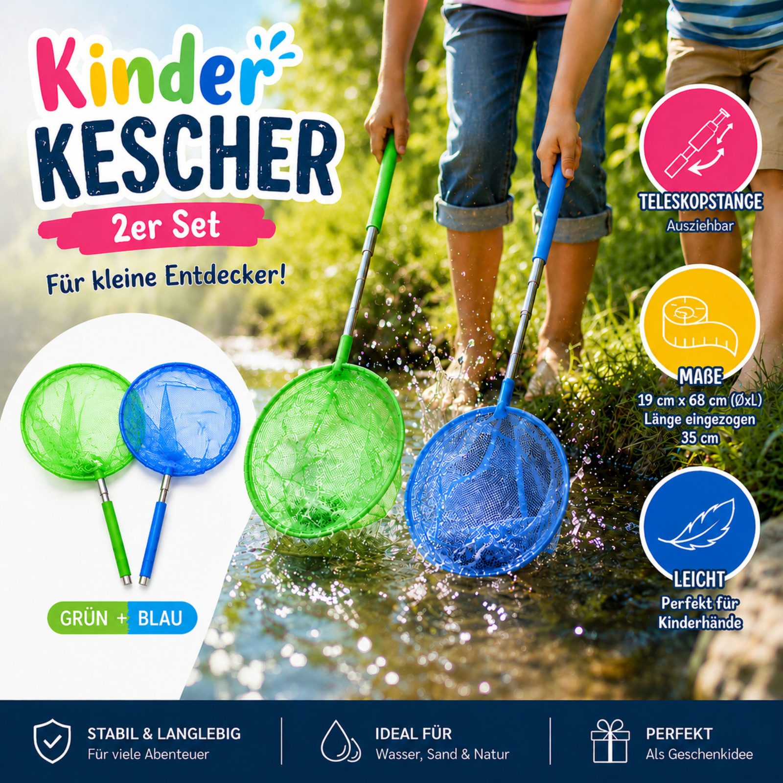 Koopman Kescher Strandspielzeug Wasserspiel Bunt 2 er Set (Set, 2-St., Packung), 2er Set, Teleskopstiel, Blau + Grün, ausziehbar, Kinder