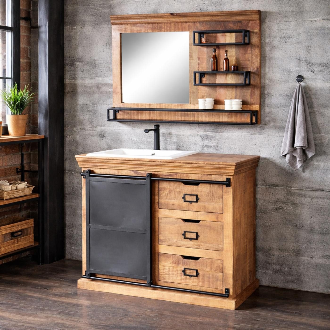 baario Waschtisch Waschtisch SELCE mit Becken, Industrial Style Massivholz & Eisen