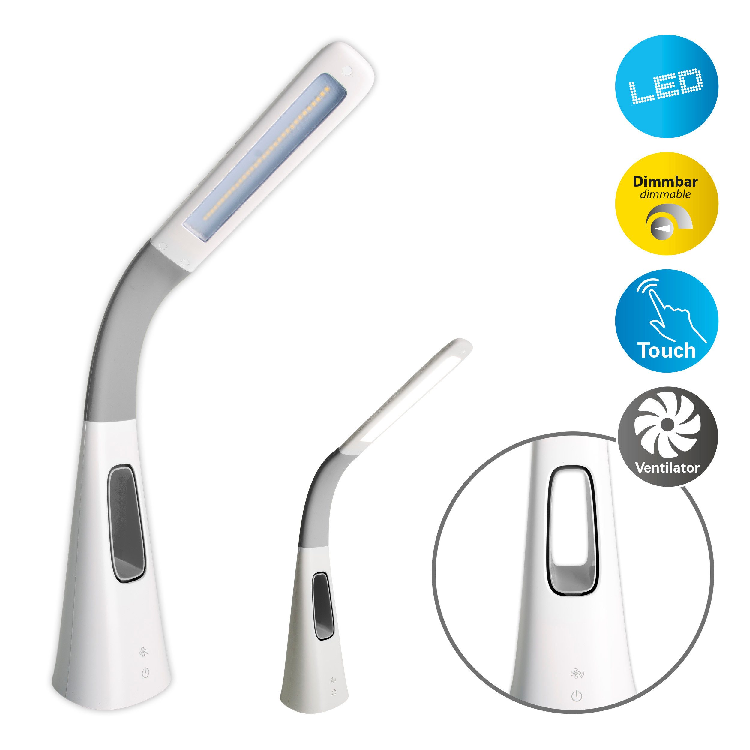 näve Tischleuchte LED Tischventilator Ventu, Ventilatorfunktion, LED fest integriert, Kaltweiß, mit Beleuchtung dimmbar, Ventilator 3stufig regulierbar, Touchschalter