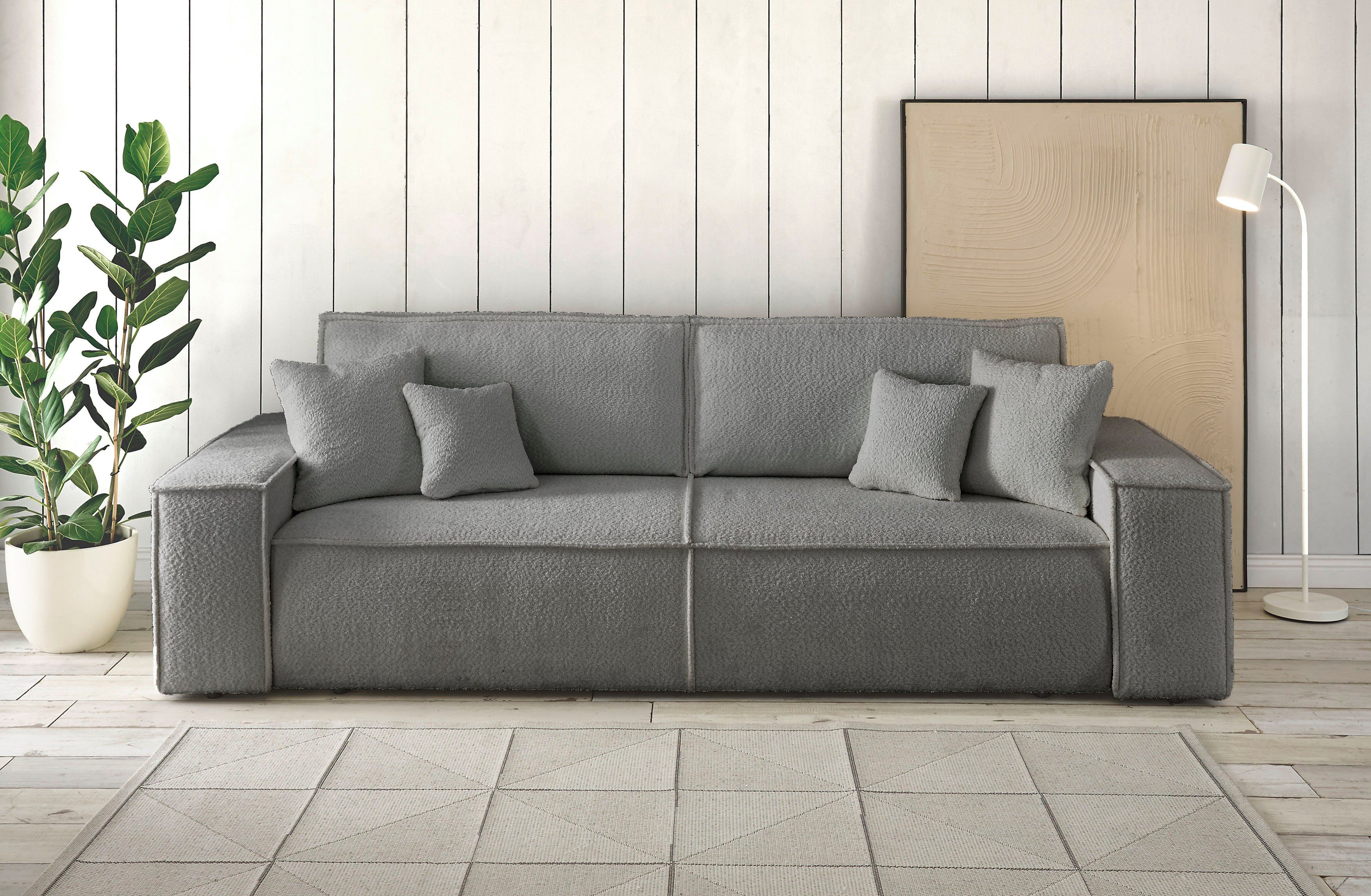 andas 3-Sitzer FINNLEY Schlafsofa 257 cm, Schlaffunktion mit Bettkasten (200/136cm), in Aqua Clean-Bouclé u. Struktur fein