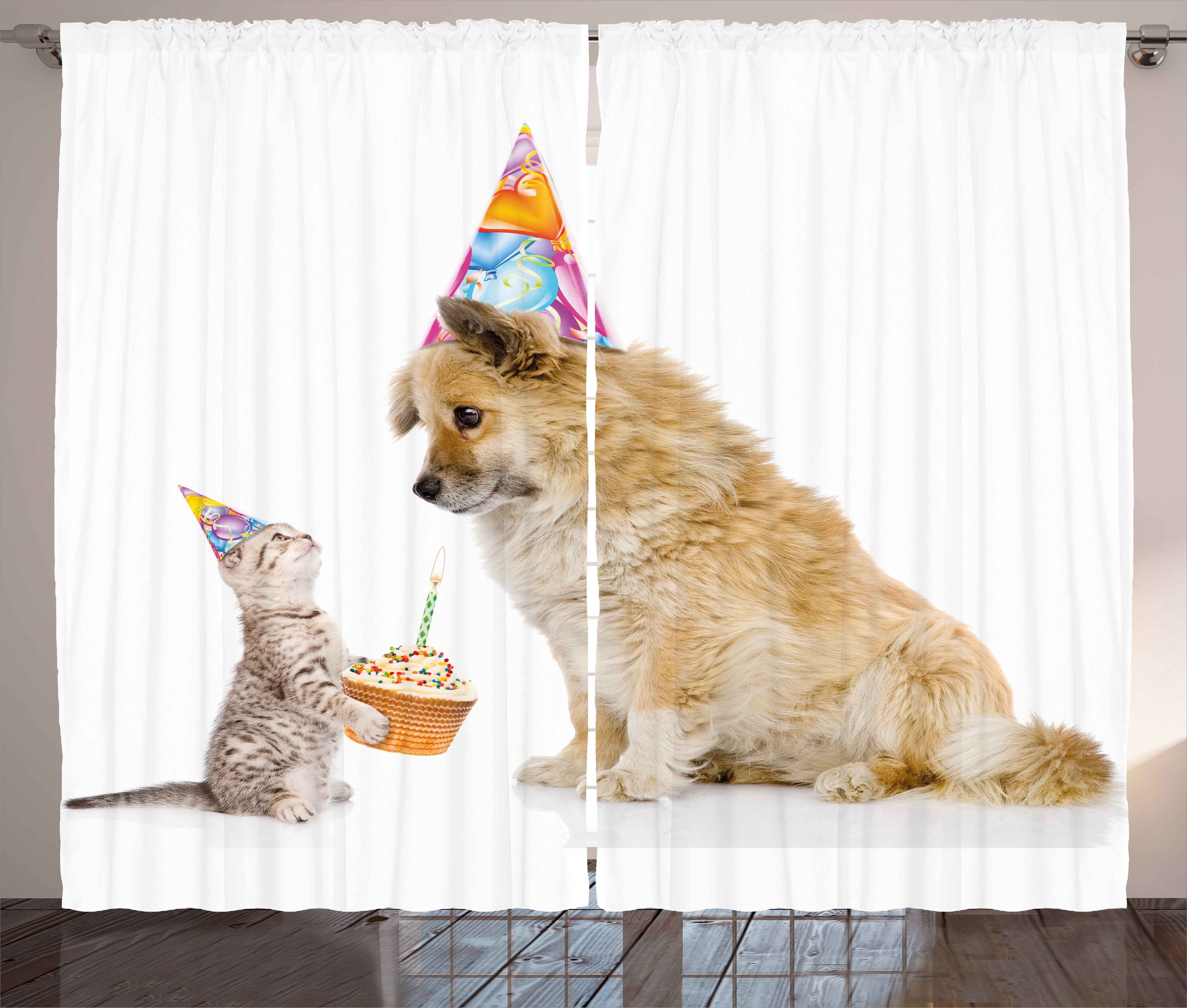 Gardine Schlafzimmer Kräuselband Vorhang mit Schlaufen und Haken, Abakuhaus, Geburtstag Katze und Hund Geburtstag