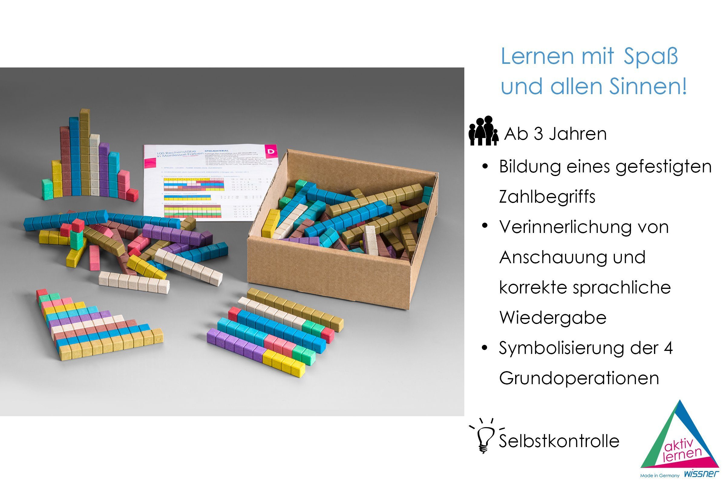 Wissner® aktiv lernen Lernspielzeug Rechenstäbe in 10 Montessori-Farben (100 Stück), RE-Wood® (100-St), RE-Wood®