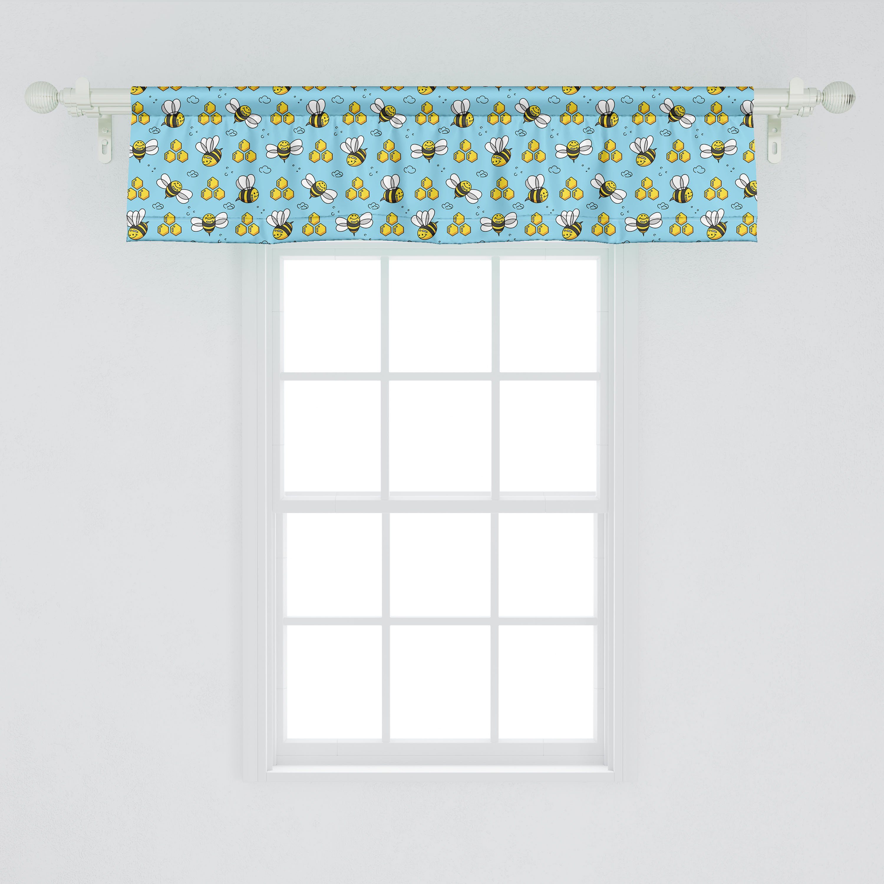 Scheibengardine Vorhang Volant für Küche Dekor Glückliche Bee Microfaser, Stangentasche, Bienen Schlafzimmer mit Cartoon-Stil Honey Abakuhaus