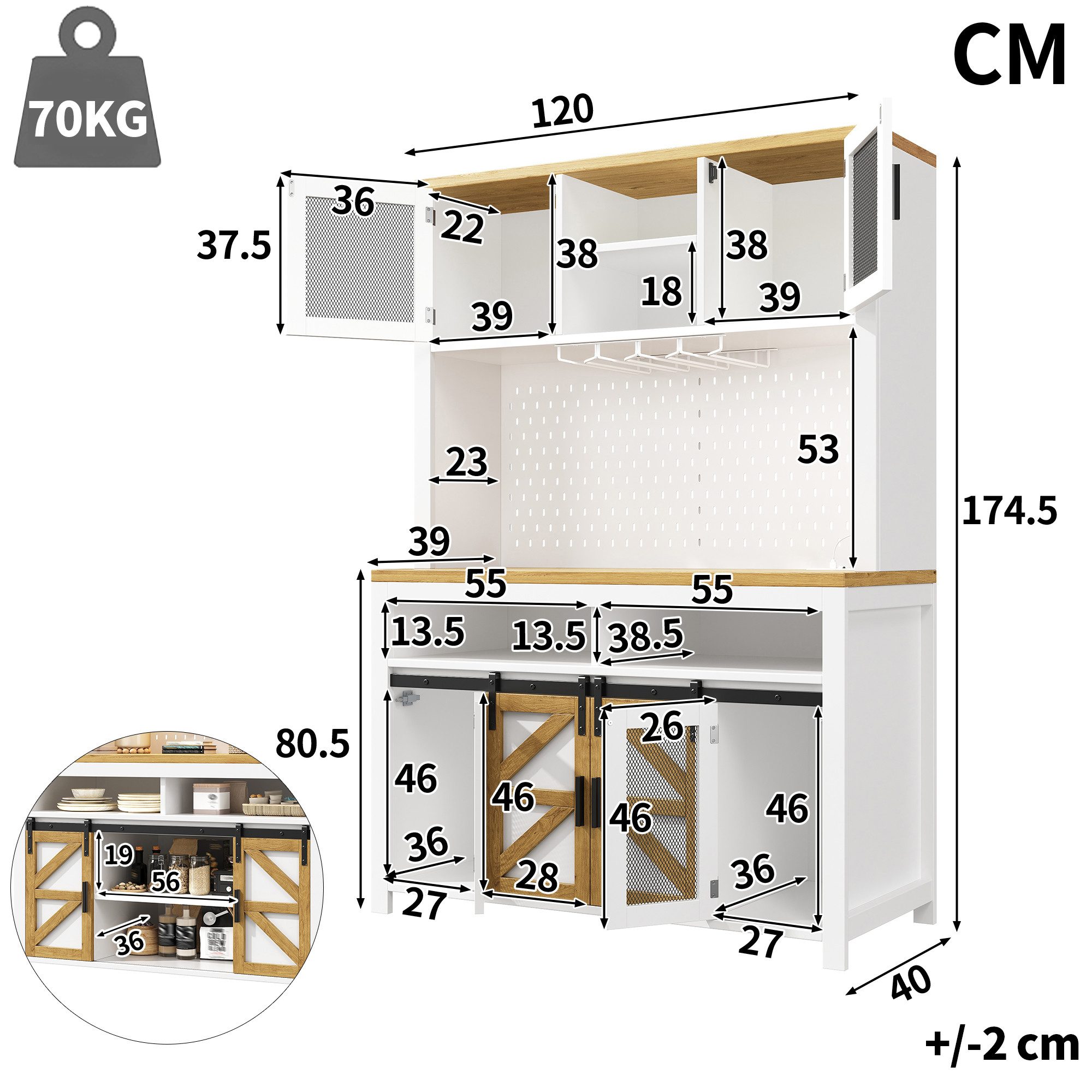Celya Hochschrank Küchenschränke mit USB-Anschluss und LED-Beleuchtung (mit multifunktionaler Stauraum, mit großzügiger Arbeitsfläche)
