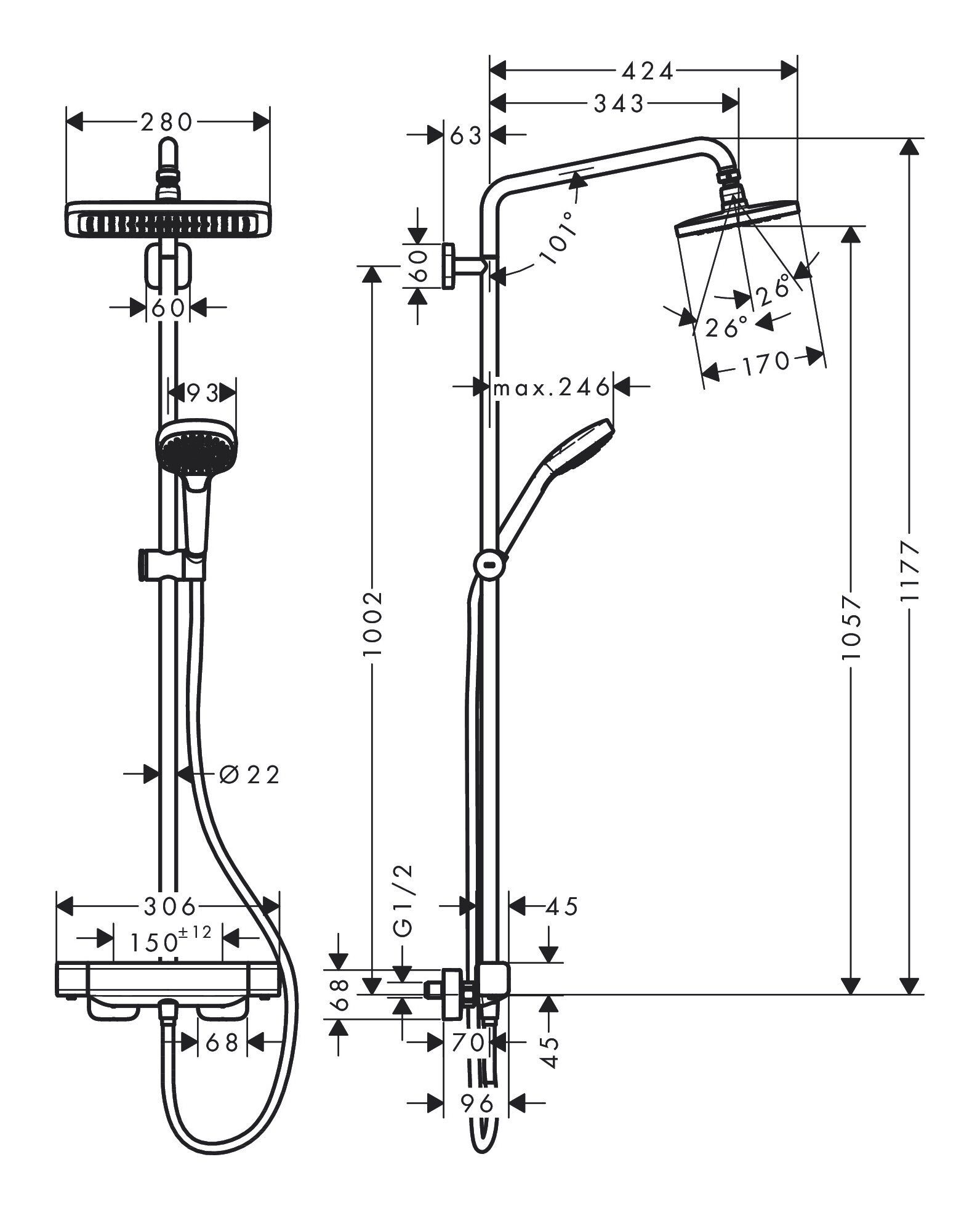 Strahlart(en), mit hansgrohe 1jet Chrom 280 Höhe - 1 117.7 EcoSmart Thermostat Showerpipe, Duschsystem Croma E cm,