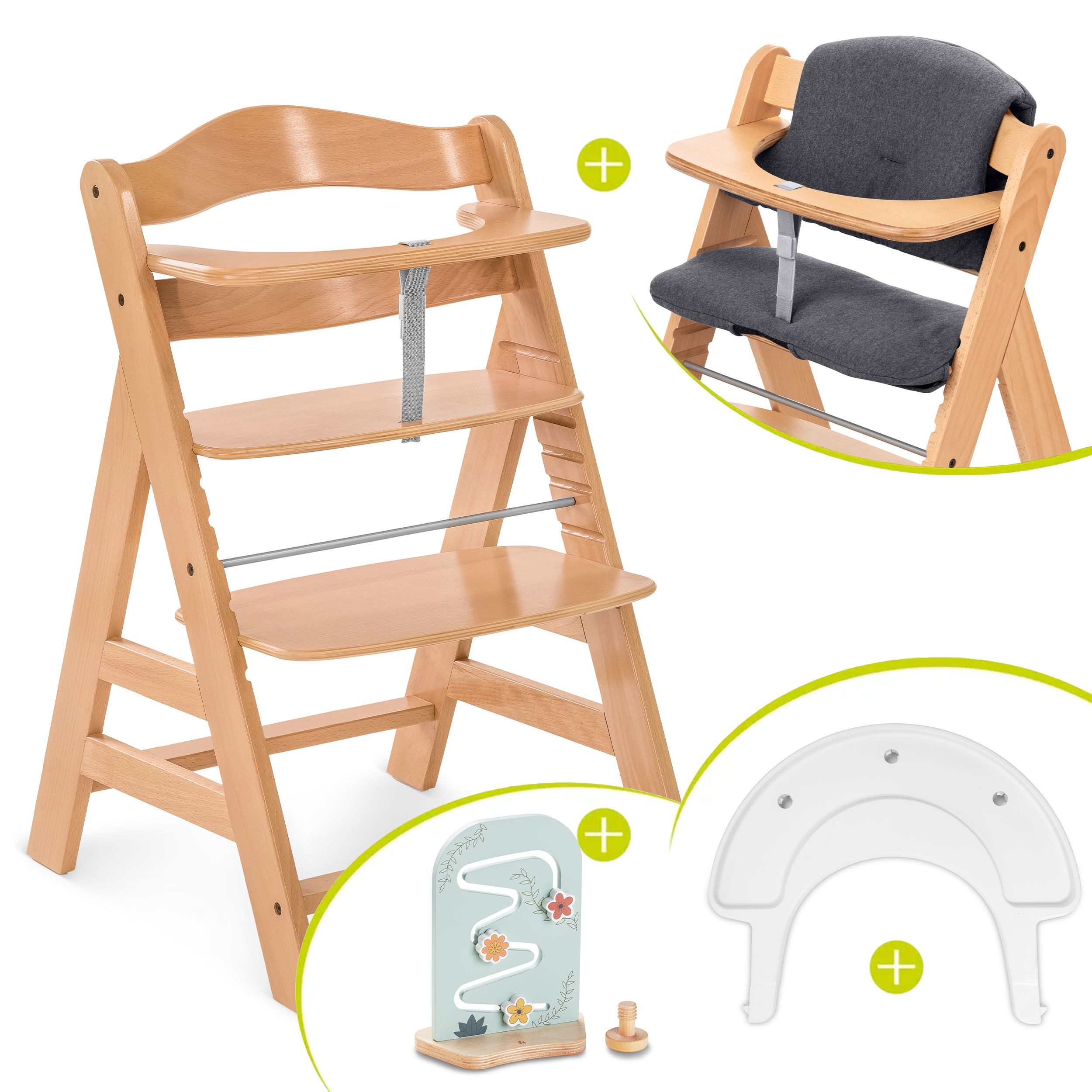 Hauck Hochstuhl Alpha Plus, Holz Kinderhochstuhl mit Sitzauflage, Play Tray Basis & Spielaufsatz