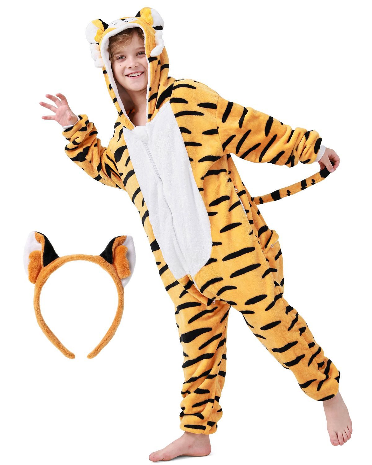Corimori Jumpsuit Flauschiges Tiger-Kostüm für Kinder mit Haarreif (2-tlg) Jumpsuit, Pyjama, Fasching, Kigurumi, Tierkostüme, Tiger "Makari"