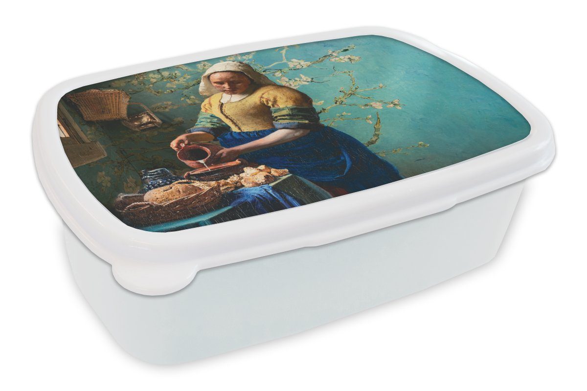MuchoWow Lunchbox Milchmädchen - Mandelblüte - Van Gogh - Vermeer - Gemälde - Alte, Kunststoff, (2-tlg), Brotbox für Kinder und Erwachsene, Brotdose, für Jungs und Mädchen weiß