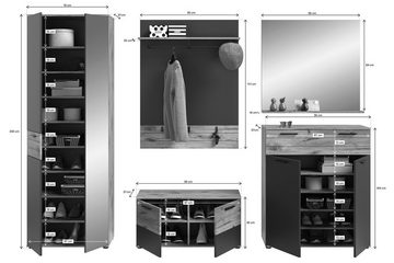 möbelando Garderoben-Set Missoula, Moderne Garderobe, Korpus aus Spanplatte in Nox Oak, Front aus MDF in Basalt Grau mit abgesetzter Rillenoptik in Nox Oak, bestehend aus Garderoben- und Schuhschrank, Paneel, Bank und Spiegel, individuelles Stellmaß