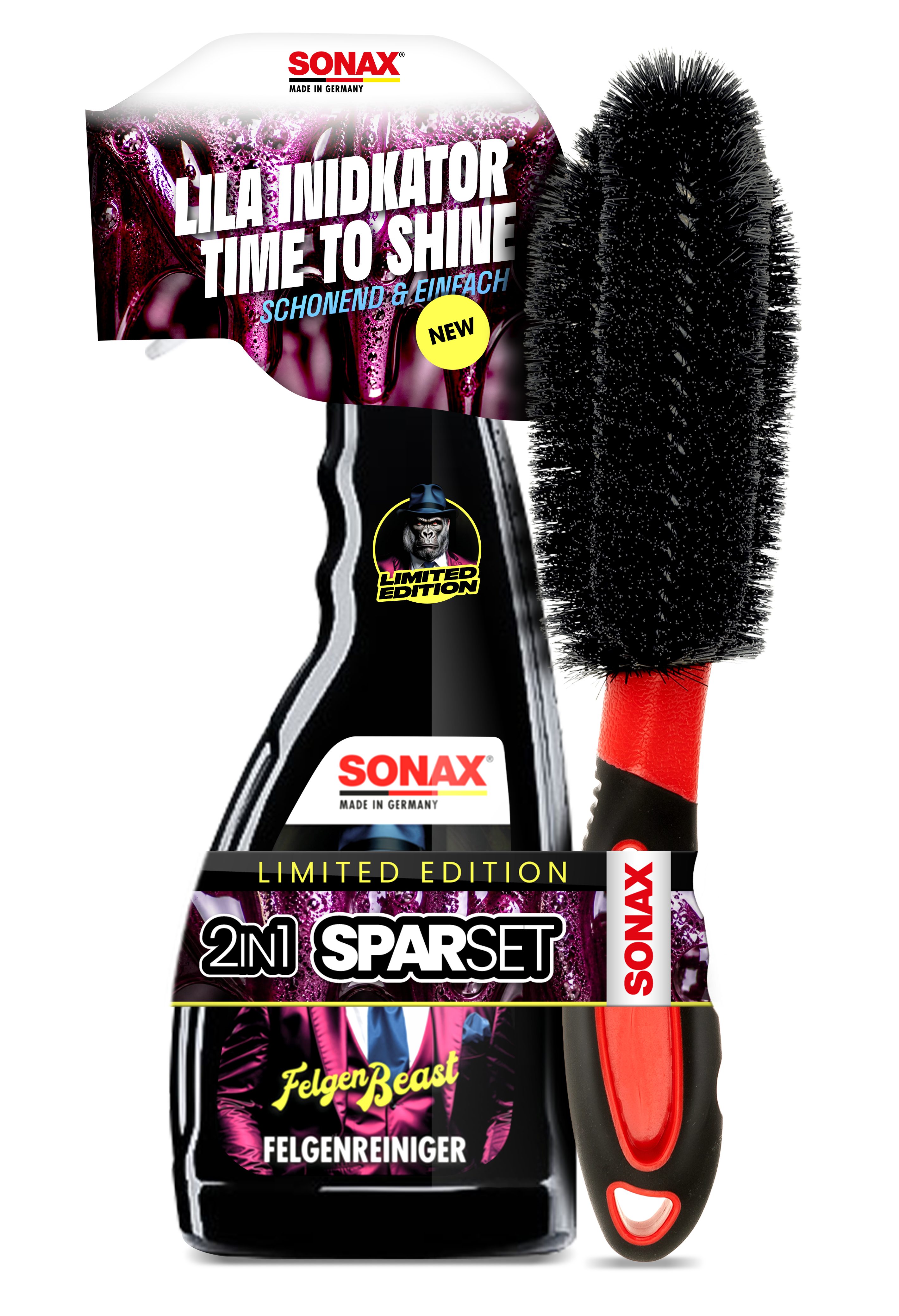 Sonax Felgenbeast 500 ml Felgenreiniger Set mit Felgenbürste Felgenreiniger (2-St. Sonderedition mit FelgenBürste)