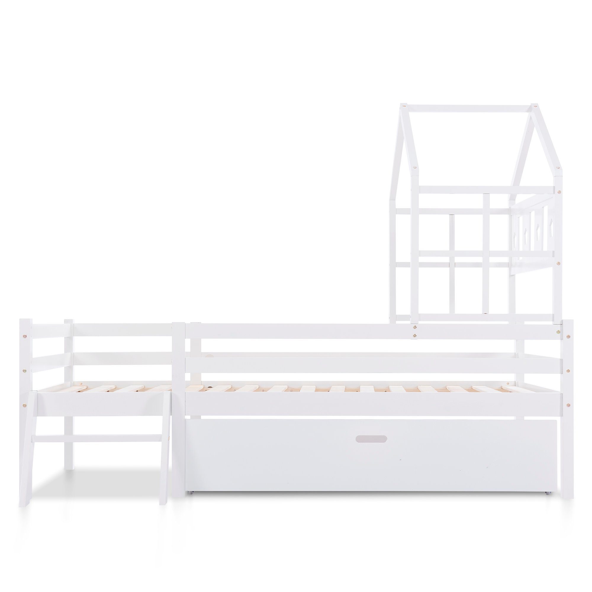 SOFTWEARY Kinderbett Kiefer (90x200 Rausfallschutz, inkl. Hausbett Lattenrost mit Einzelbett cm)