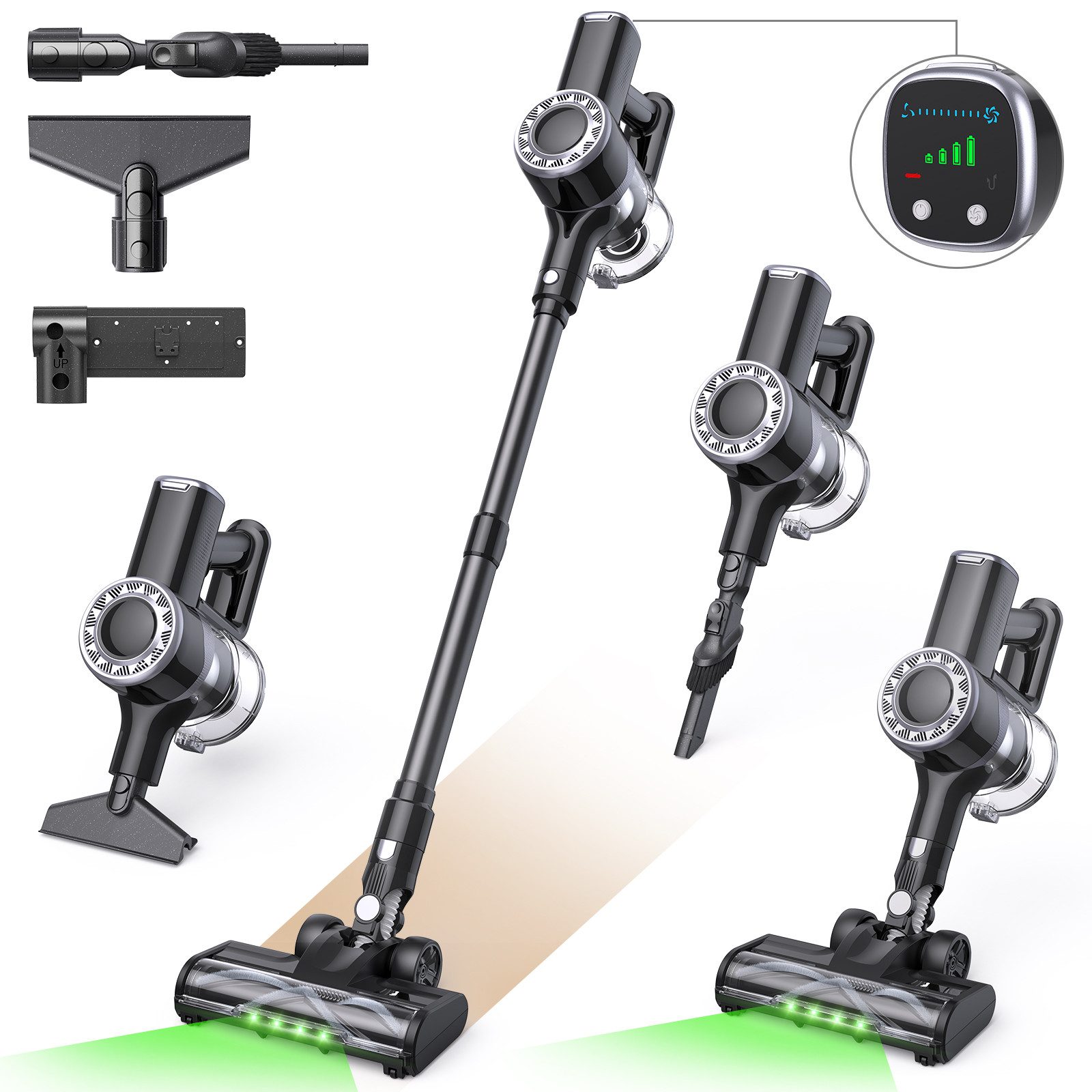lubluelu Akku-Hand-und Stielstaubsauger P2 kabellos 6in1 Akkustaubsauger mit Geen LED, 150 W, beutellos, 45000 Pa / V-förmige, große Anti-Verhedderungsbürste