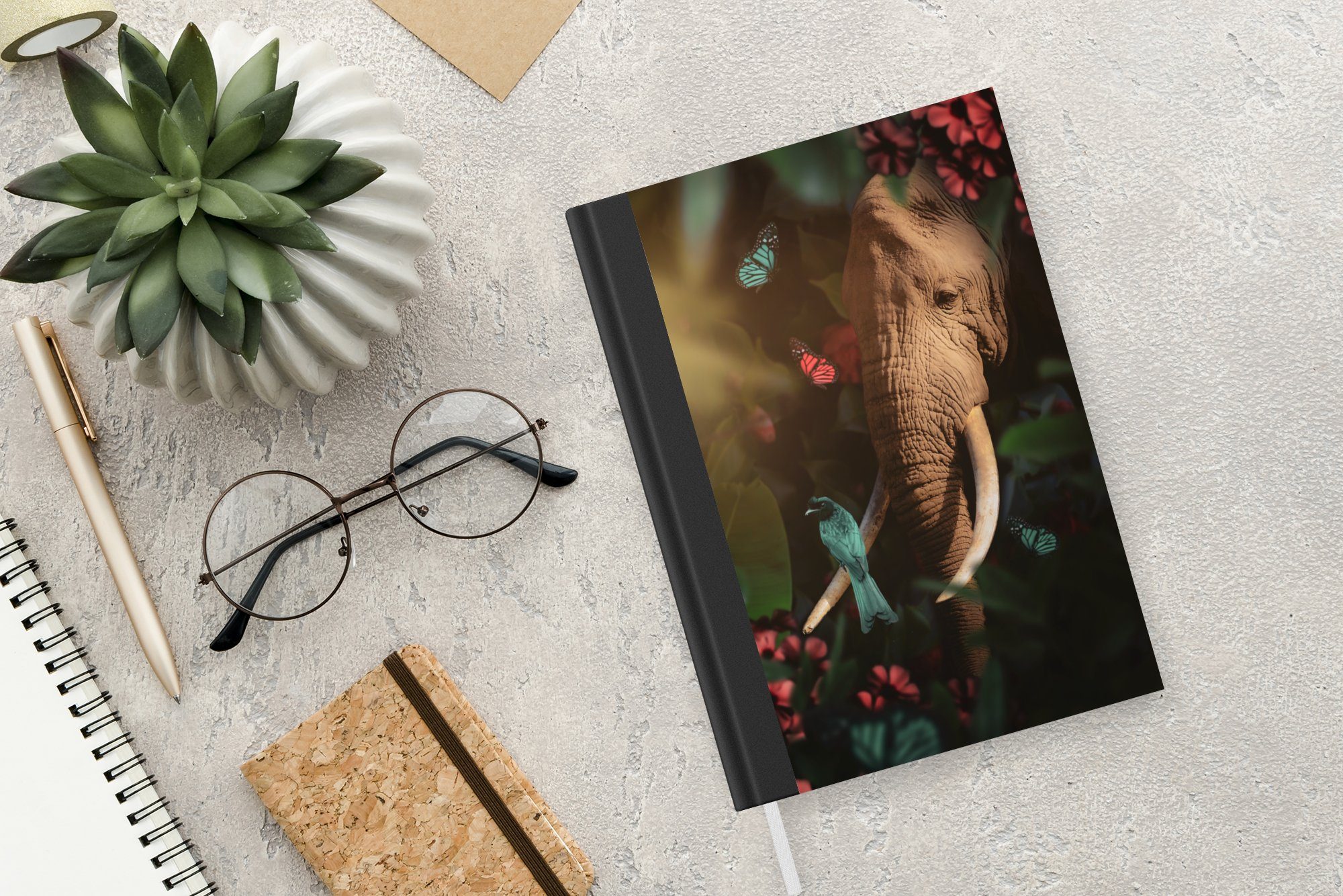 Journal, Dschungel, Elefant Notizheft, Schmetterling 98 Notizbuch Seiten, - Tagebuch, Vogel A5, MuchoWow - Haushaltsbuch Merkzettel, -