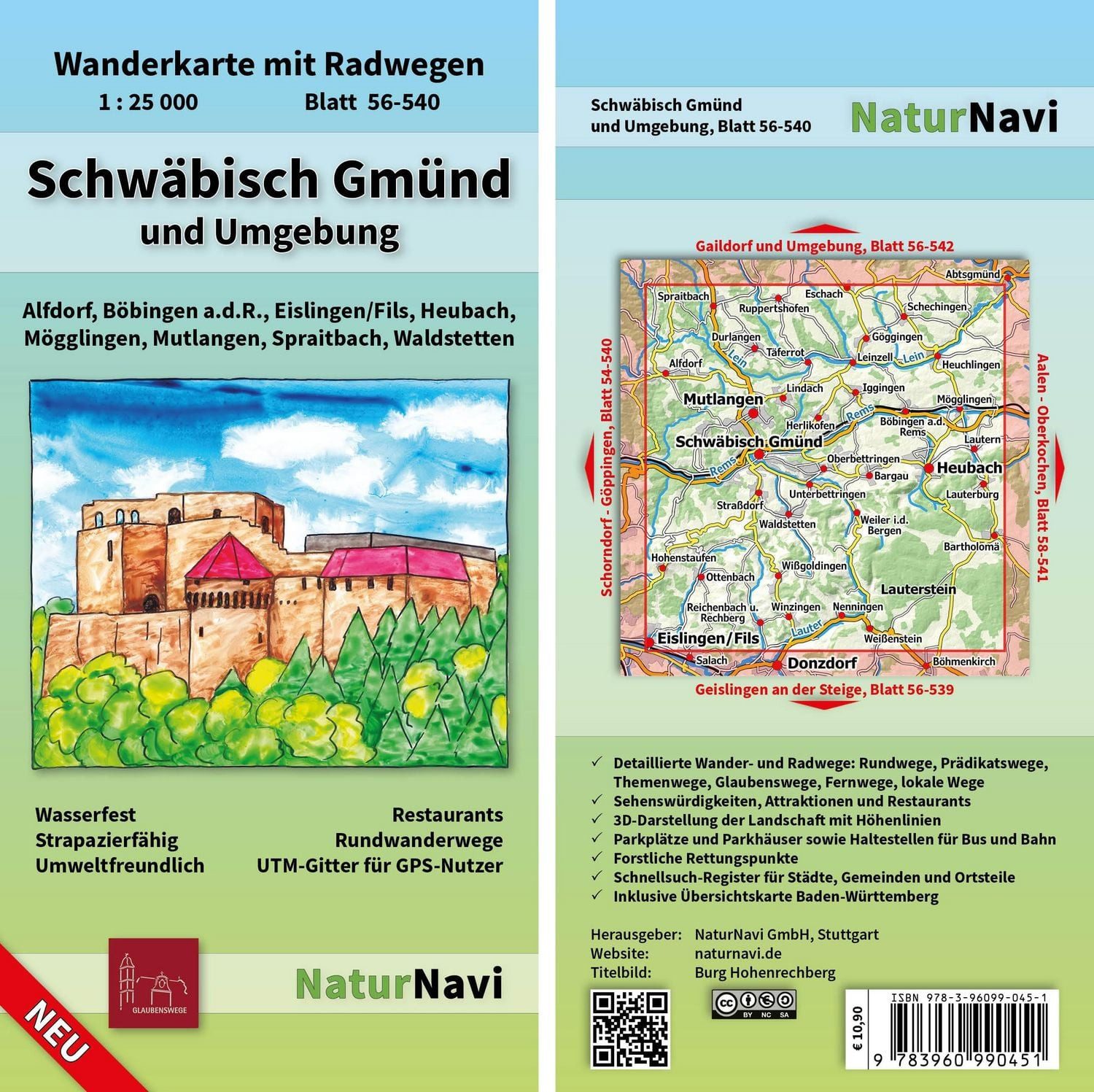Schwäbisch Gmünd und Umgebung / diverse, Wanderkarte mit Radwegen, Blatt 56-540, 1 : 25 000, Alfdorf, Böbingen a.d.R., Eislingen/Fils, Heubach, Mögglingen, Mutlangen, Spraitbach, Waldstetten