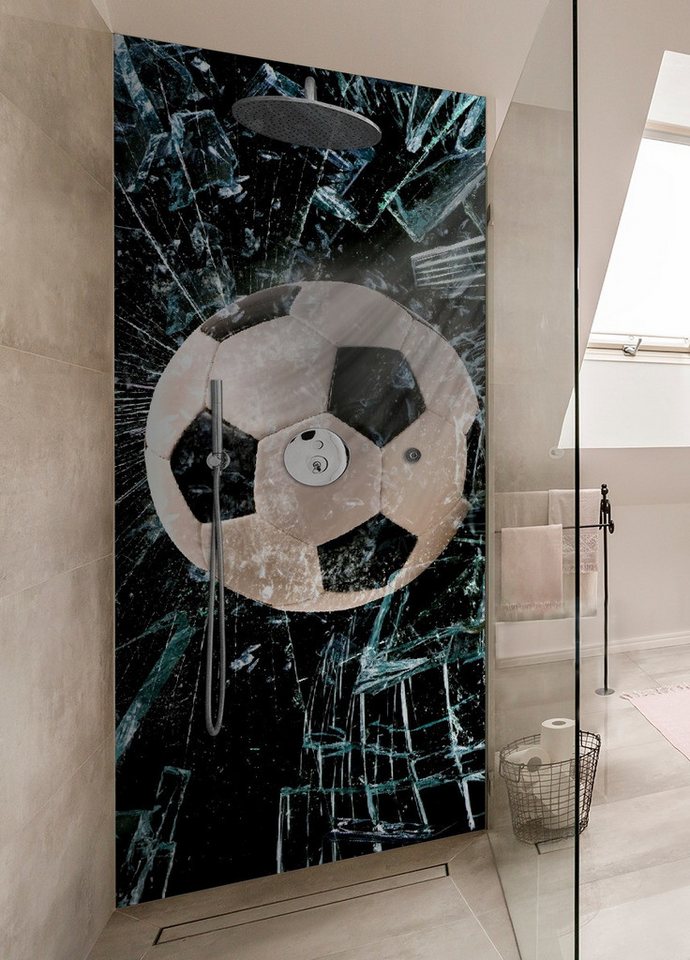 Thumbnail - Wallario Duschrückwand Fußball - im Fenster, Splitter und Glas, (1-tlg)