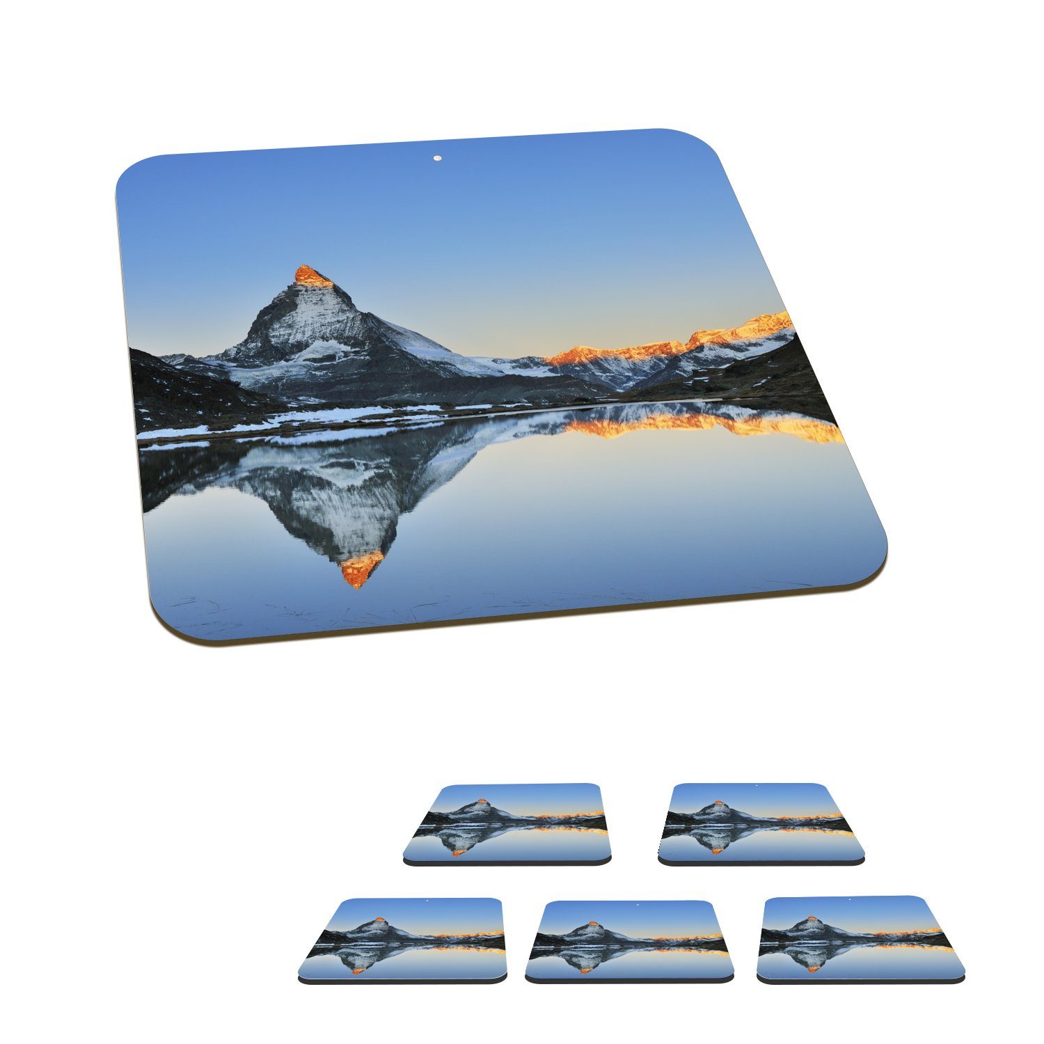 MuchoWow Glasuntersetzer Matterhorn spiegelt sich im Riffelsee bei Sonnenaufgang in der Schweiz, Zubehör für Gläser, 6-tlg., Glasuntersetzer, Tischuntersetzer, Korkuntersetzer, Untersetzer, Tasse
