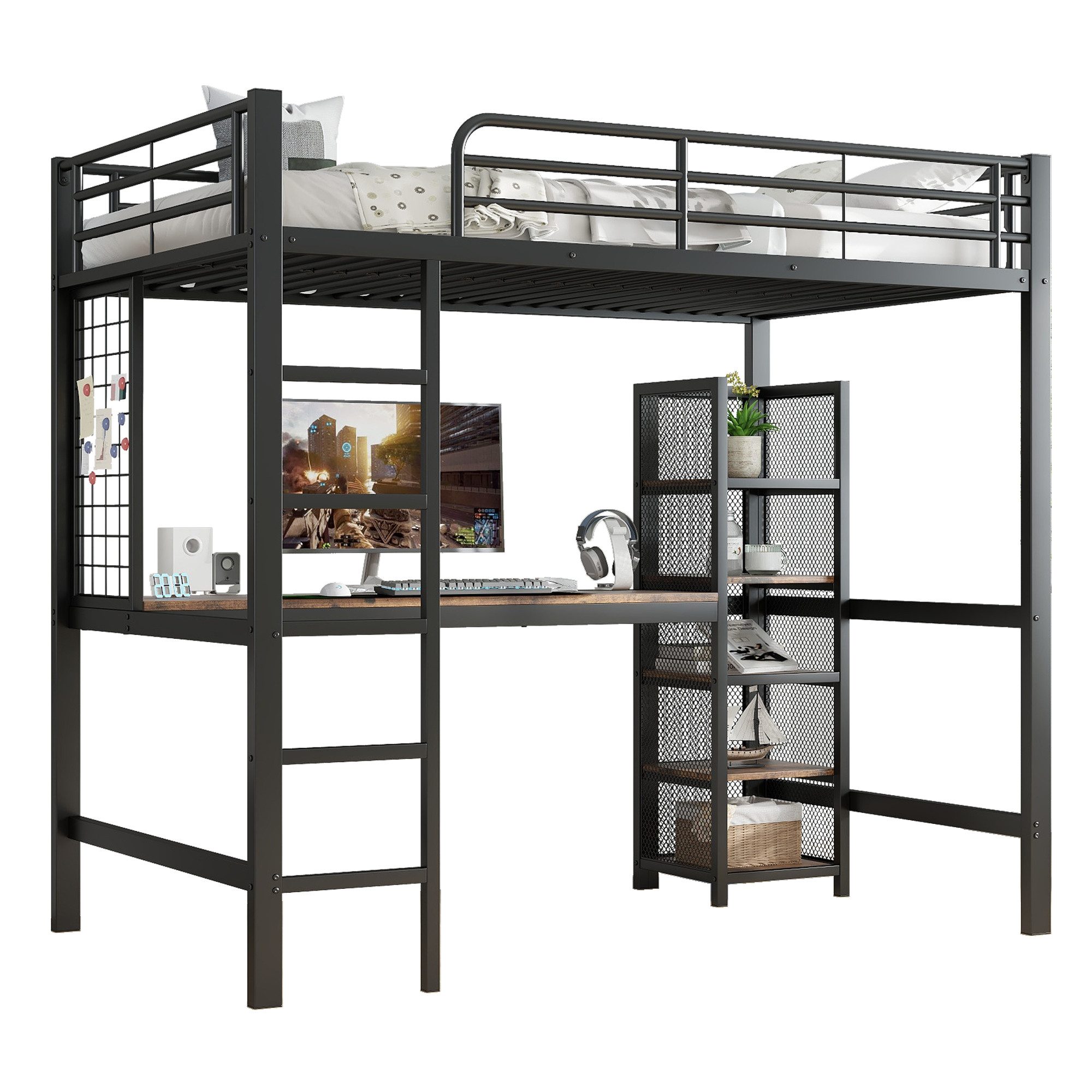 Hochbett Kinderbett, Eisenbett, Schwarz + dunkle Holzfarbe, 90x200cm