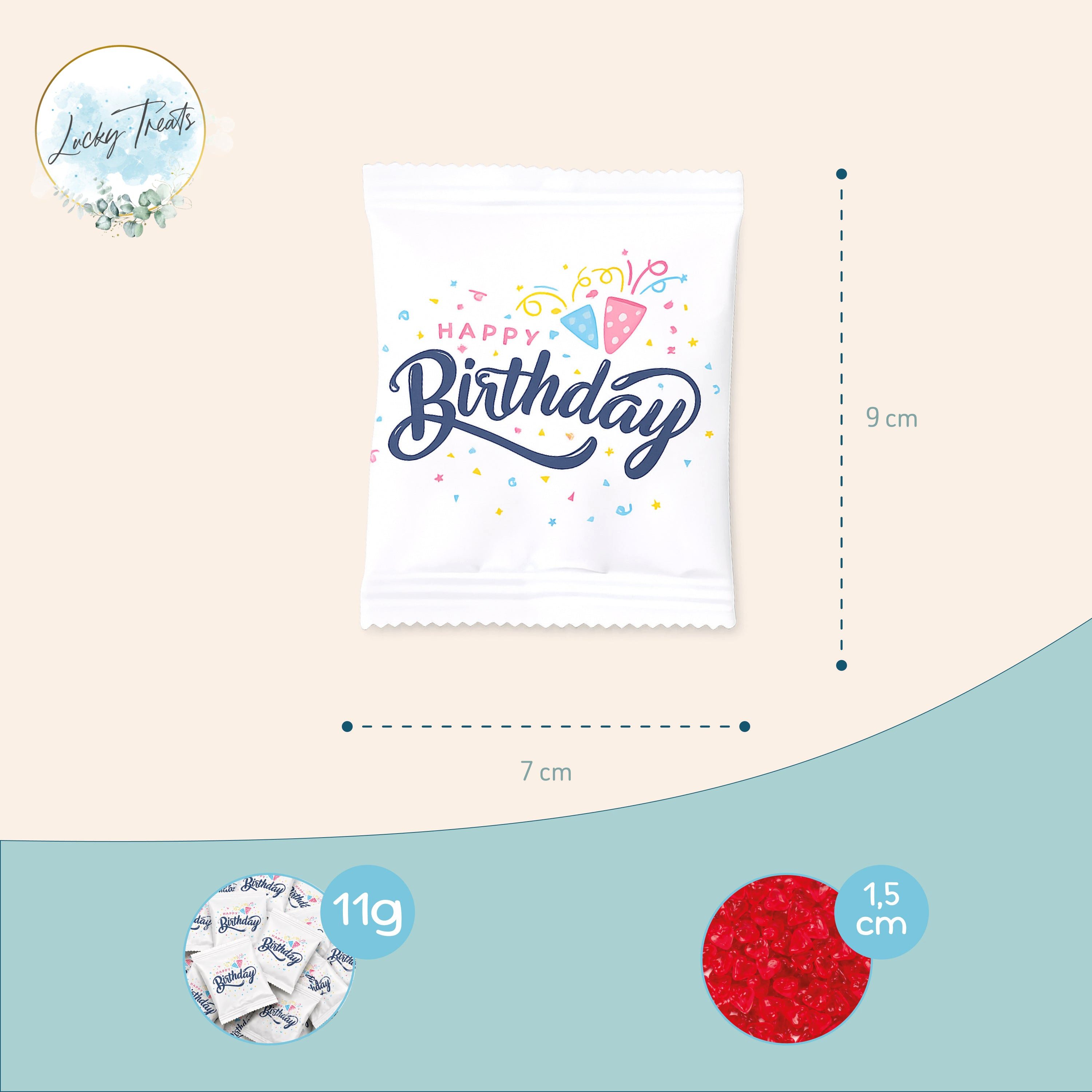 Logbuch-Verlag Geburtstagskarten Fruchtgummi-Päckchen Happy Birthday – Mini-Herzen als Gastgeschenk