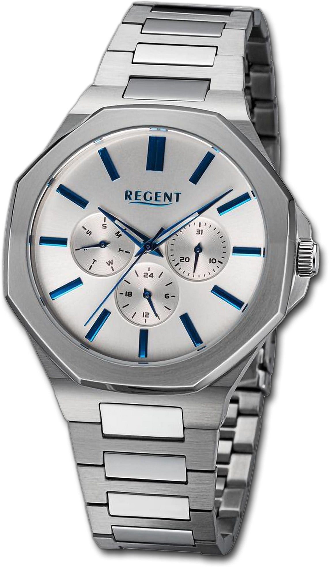 Regent Quarzuhr Regent Herren Armbanduhr Analog, Herrenuhr Metallarmband silber, rundes Gehäuse, extra groß (ca. 42mm)
