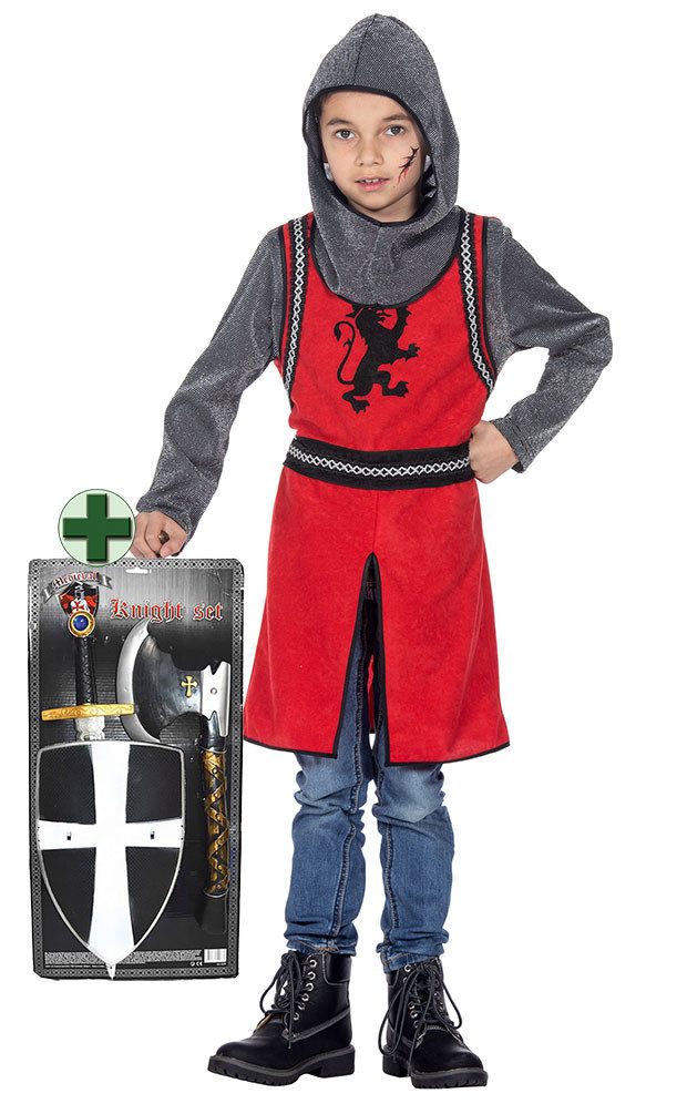 Karneval-Klamotten Ritter-Kostüm Kreuzritter Kinder rot silber schwarz m. Waffenset, Mittelalter Kinderkostüm für Karneval Gruppenkostüm