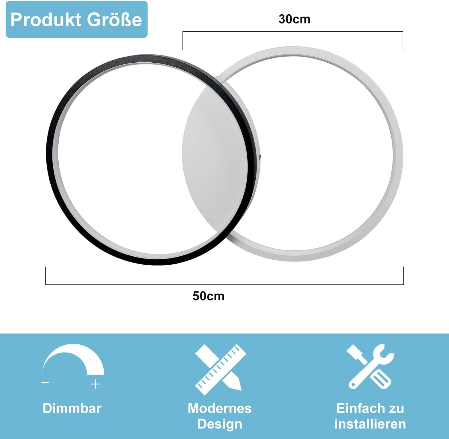 ZMH LED Deckenleuchte 2 Rahmen Dimmbar mit Fernbedienung, Farbtemperatur einstellbar, LED fest integriert, Kaltweiß, Neutralweiß, Warmweiß, Deckenlampe für Wohn – Bild 4 von 5