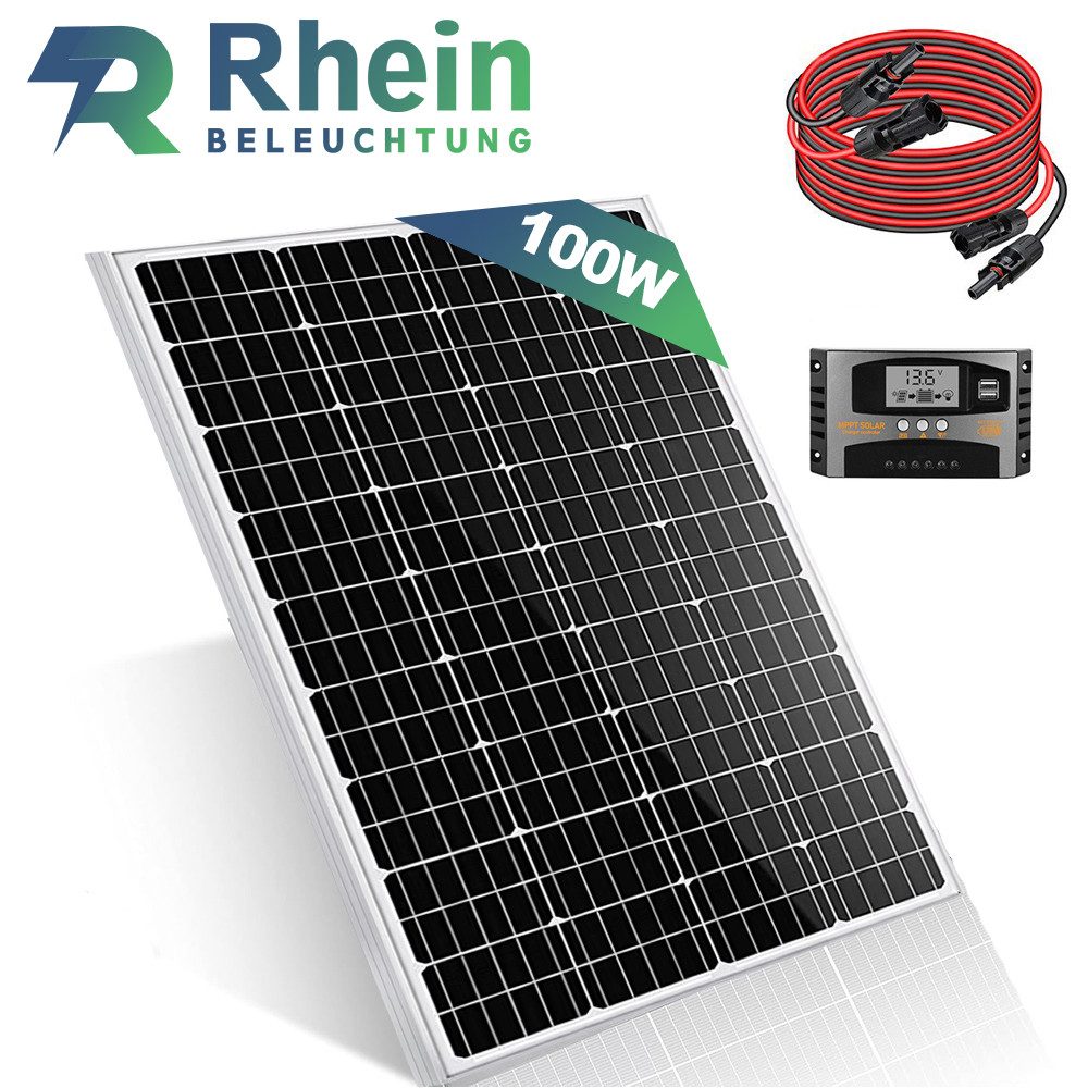 Rhein Beleuchtung Solarmodul 100W Solaranlage Komplettset 12V MPPT, 100w solarpanel, 100 W, Monokristallin, (Set, 3-St., für Wohnmobil, Boot, Garten, Camping), Monokristallines Solarpanel mit Kabel & Regler