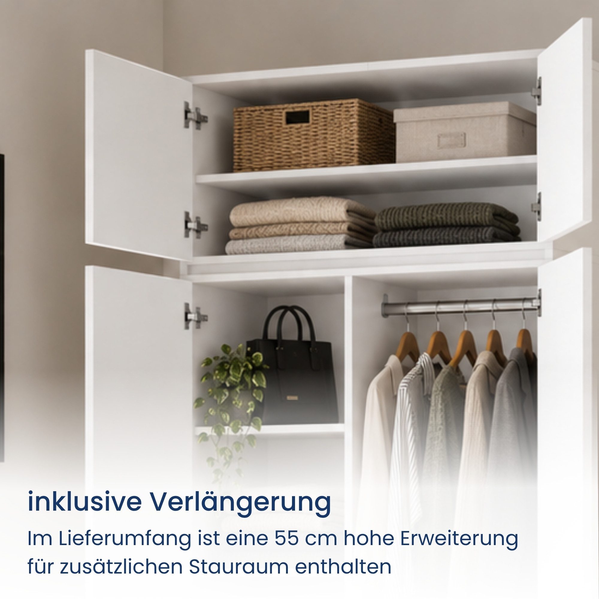 Home Collective Kleiderschrank Schrank Schlafzimmer Garderobenschrank Mehrzweckschrank Hochschrank (100 cm breit, mit 2 Schubladen, Kleiderstange & Einlegeböden – Bild 3 von 5