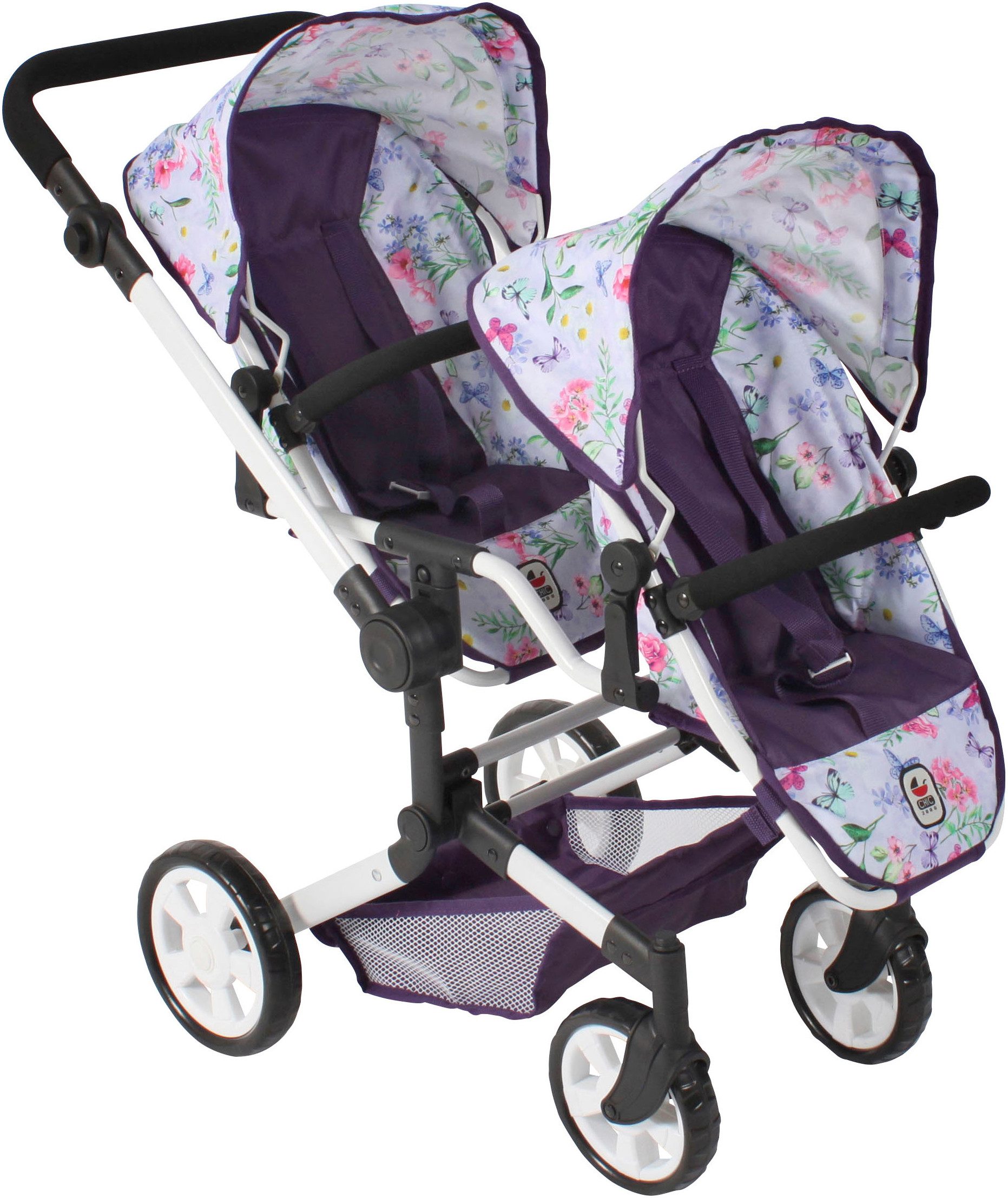 CHIC2000 Puppen-Zwillingsbuggy Linus Duo, Flowers lila, mit zwei abnehmbaren, bis in Liegeposition verstellbaren Sportsitzen