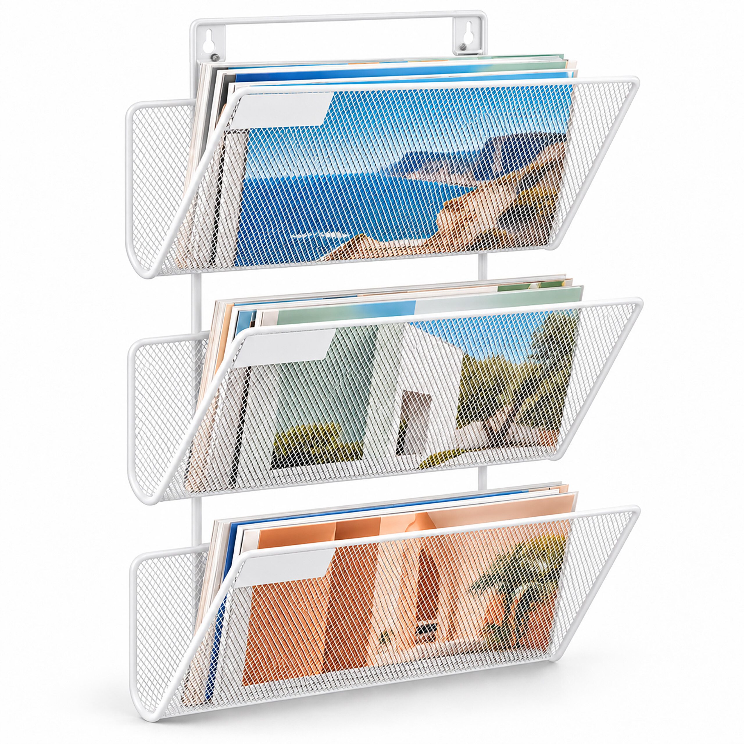 relaxdays Zeitungsständer Zeitschriftenhalter Metall Wandmontage (1 St), weiß, 3 Ablagen
