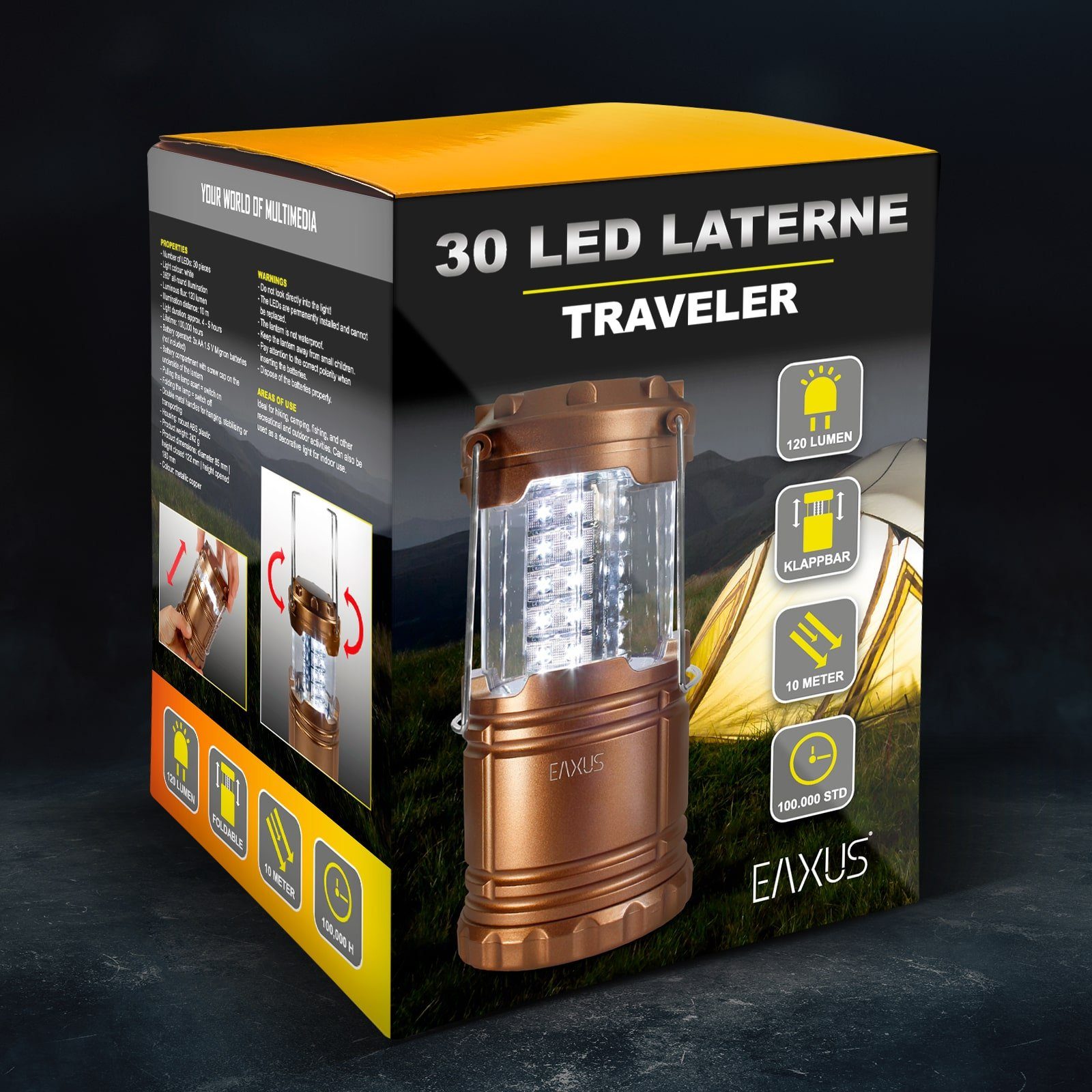 EAXUS LED Gartenleuchte integriert, Metallbügel fest Batteriebetrieben mit 360° LED Beleuchtung kaltweiß, Campinglampe Kupferfarben, LED Aufhängen, Tragebügel, zum 30