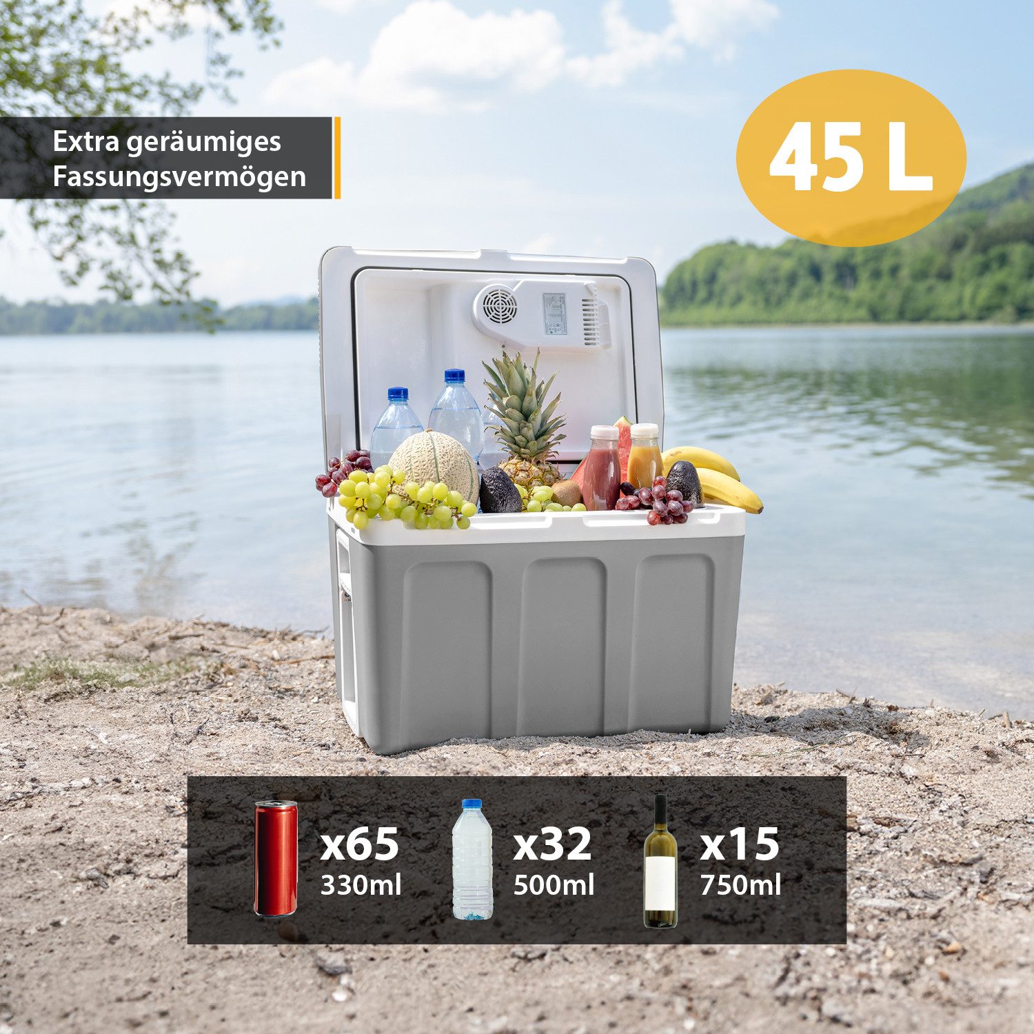 TZS FIRST AUSTRIA Elektrische Kühlbox Mobil Kühlschrank, 45L, 12V /230V Anschluss, 12-V-Stecker fürs Auto, für Camping, Festivals, Reisen, mit Kühl- und Warmhaltefunktion