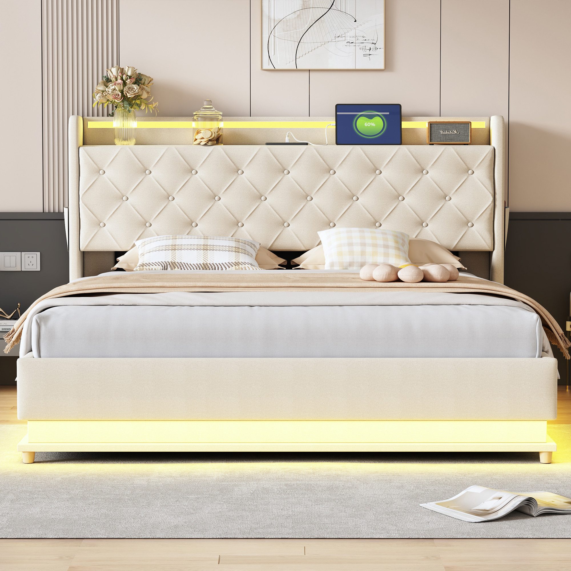 REDOM Polsterbett LED Doppelbett mit USB-Ladeanschluss günstig online kaufen