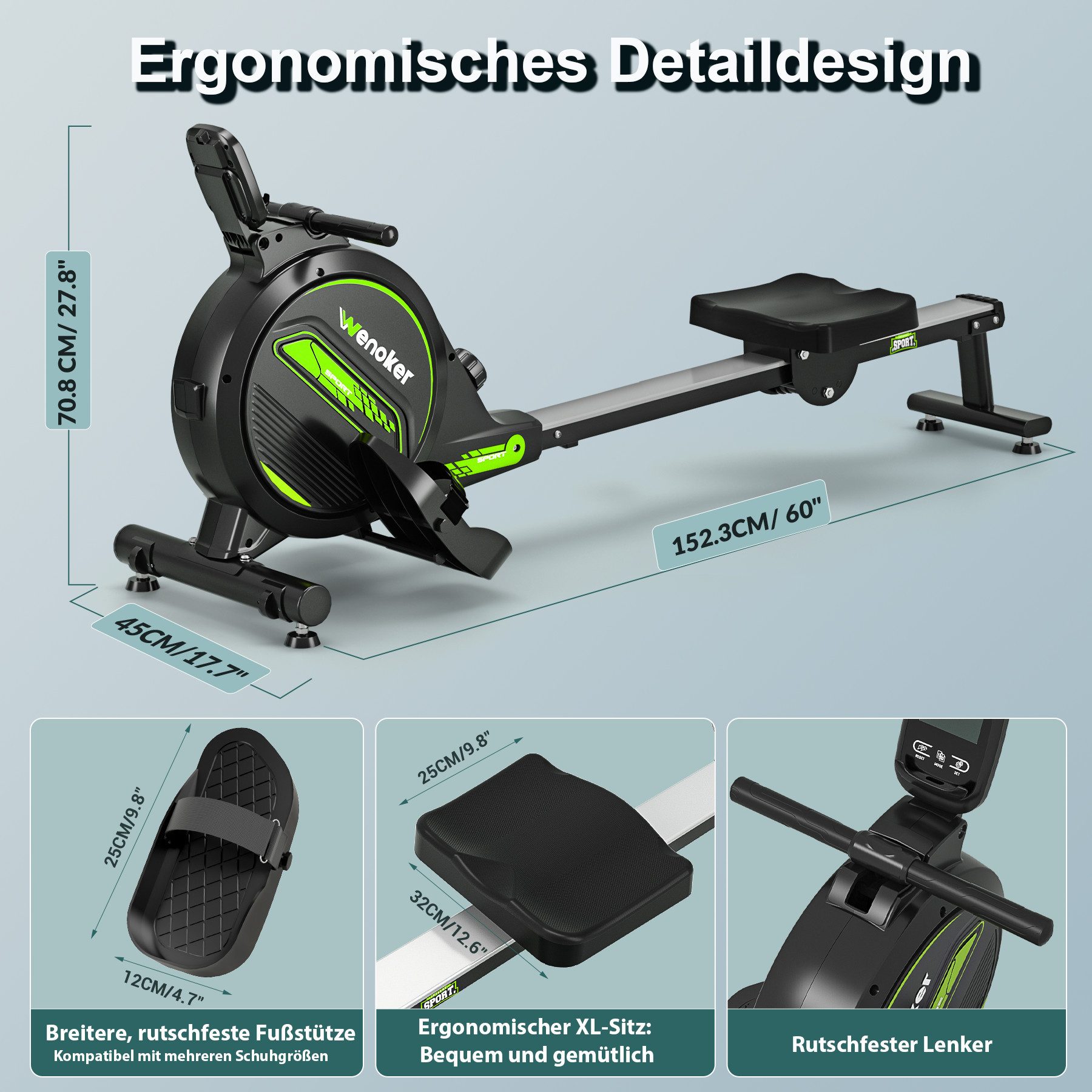 Wenoker Rudergerät Leises Magnetisches Rudergerät für Zuhause,16 Stufen Widerstand (1-tlg., Indoor-Gerät mit APP & LCD-Display), für das Home-Gym, Cardio-Trainingsgerät, 160 kg Kapazität