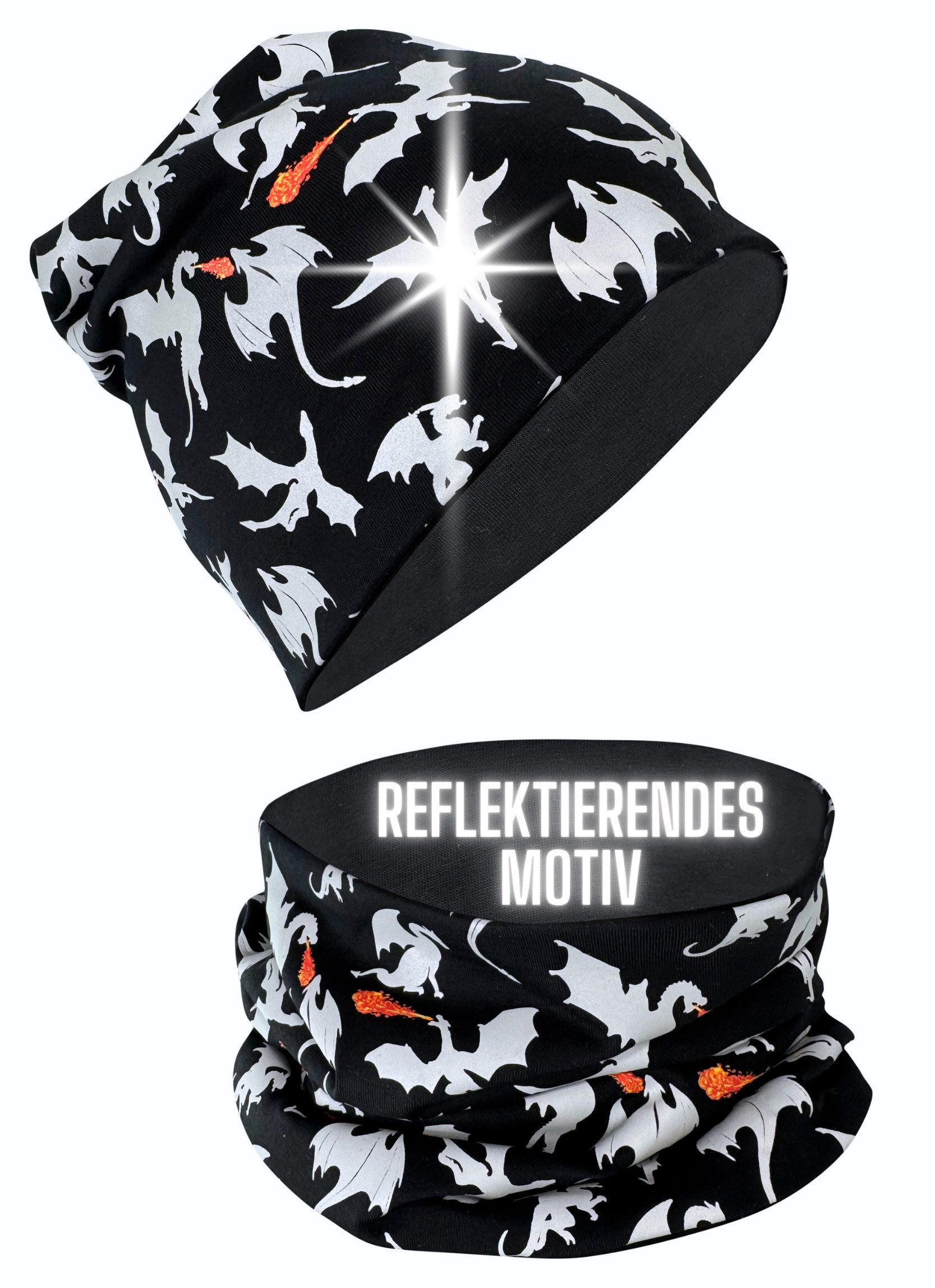 Beanie 360° Reflektor Kinder Beanie Mütze & Loop Schal Set