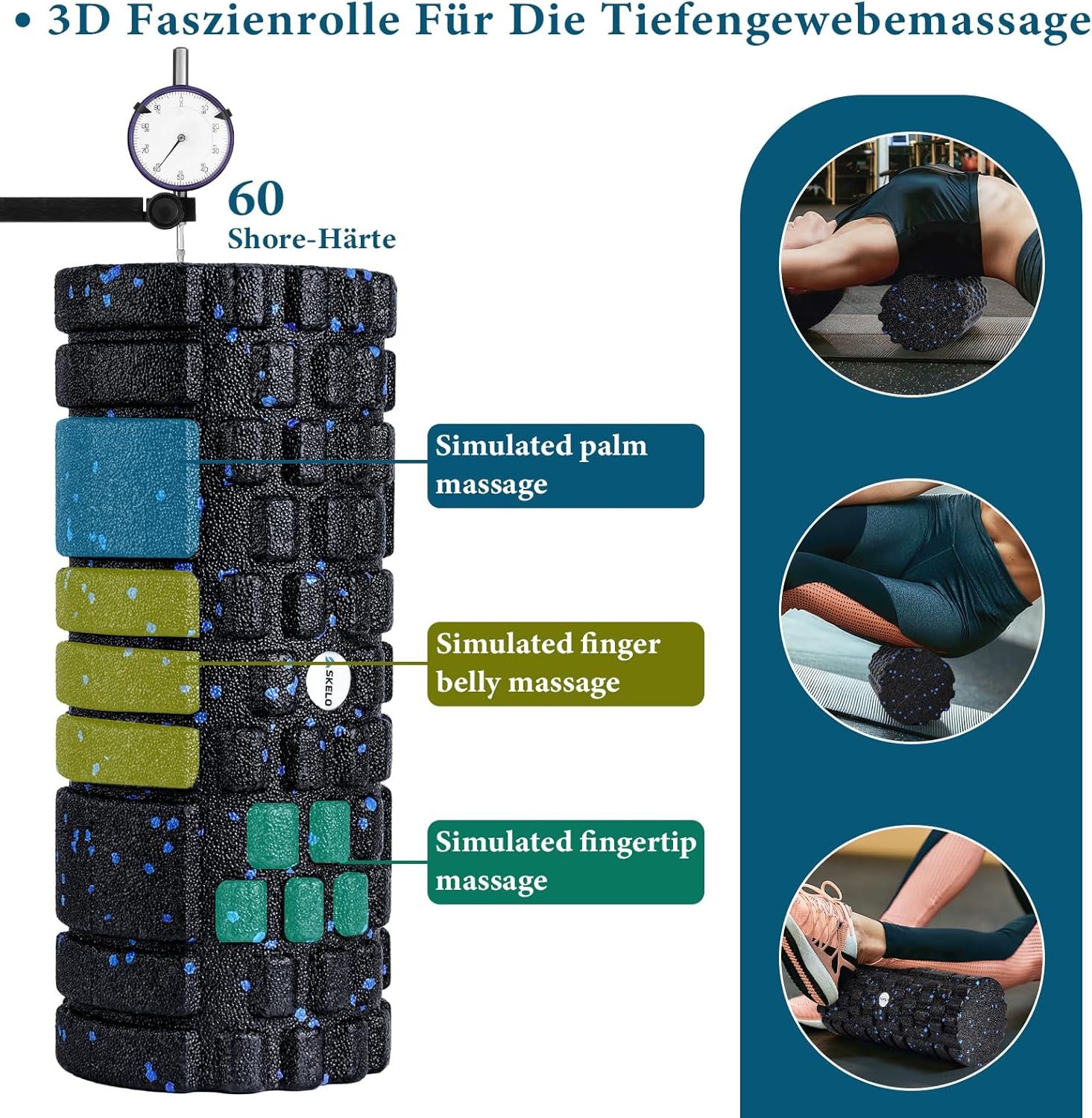skelo Massagerolle Faszienrollen-Set, Bindegewebsstoffwechsel mit Poster (4-tlg), Breiter Einsatzbereich, aus hochwertigem Polypropylen schaum (EPP)