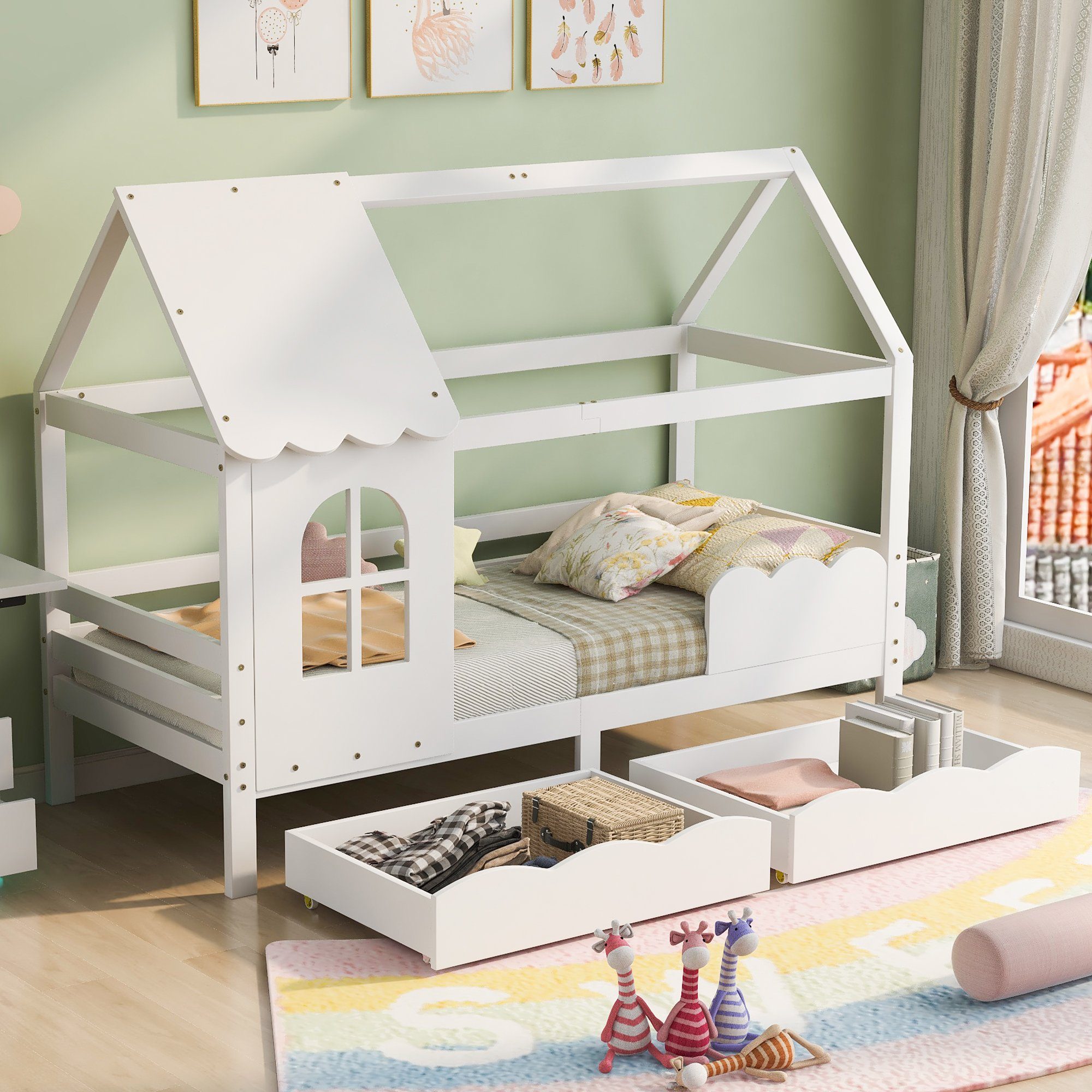 SOFTWEARY Kinderbett Hausbett mit 2 Schubladen und Lattenrost (90x200 cm), Einzelbett mit Rausfallschutz, Kiefer