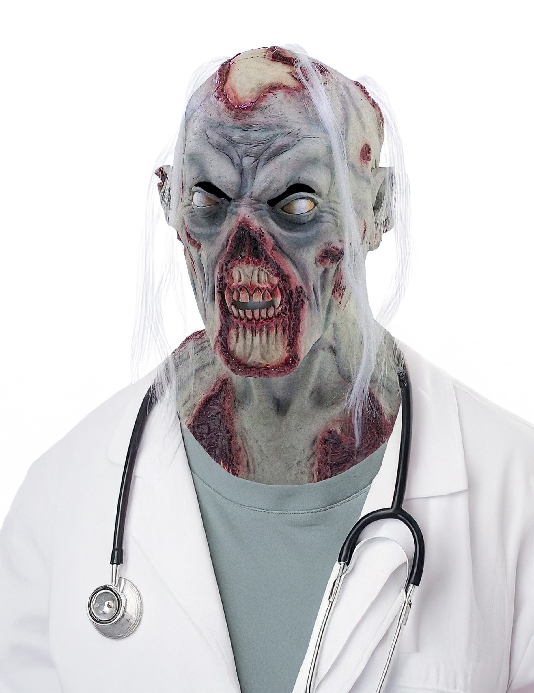 Ghoulish Productions Monster-Kostüm Untoten-Maske mit Haaren Halloween Kostümaccessoire grau-rot