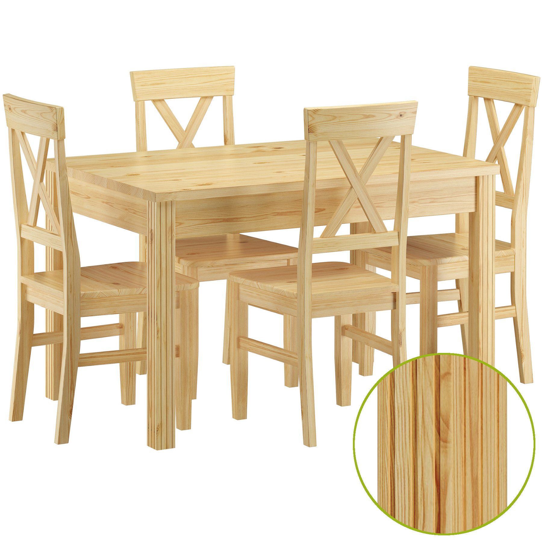 ERST-HOLZ Essgruppe itzgarnitur mit Tisch und 4 Stühle Kiefer Massivholz Vollholzmöbel