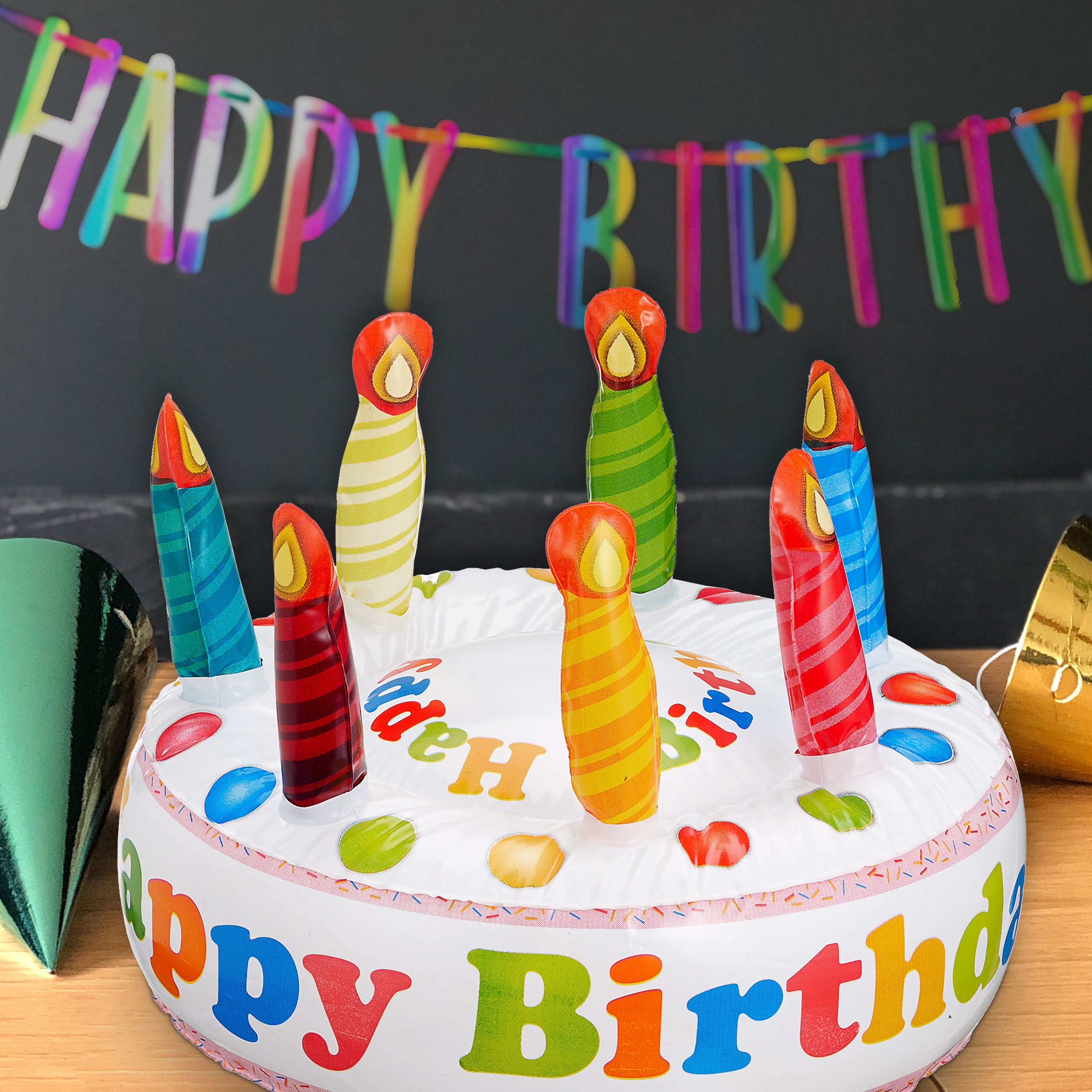 CEPEWA Aufblasbares Essen Torte aufblasbar Happy Birthday Geburtstagskuchen H22cmxØ30cm Kerzen