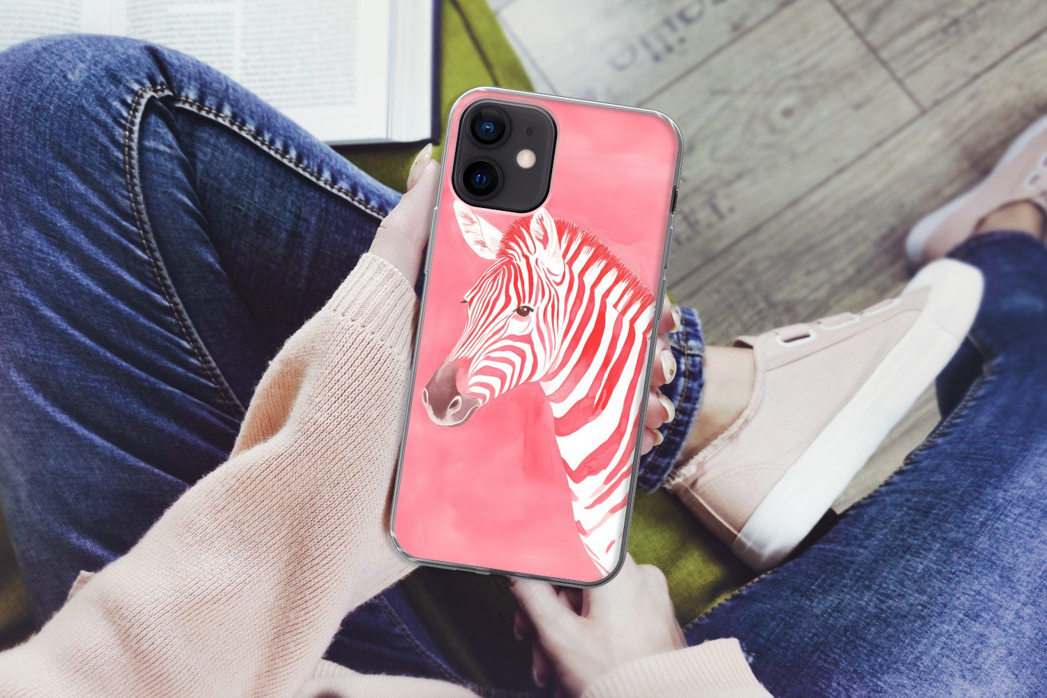 MuchoWow Handyhülle für Apple iPhone 12 Zebra - Rosa - Farbe, Smartphone-Bumper, Print, Handy Schutzhülle Dünn