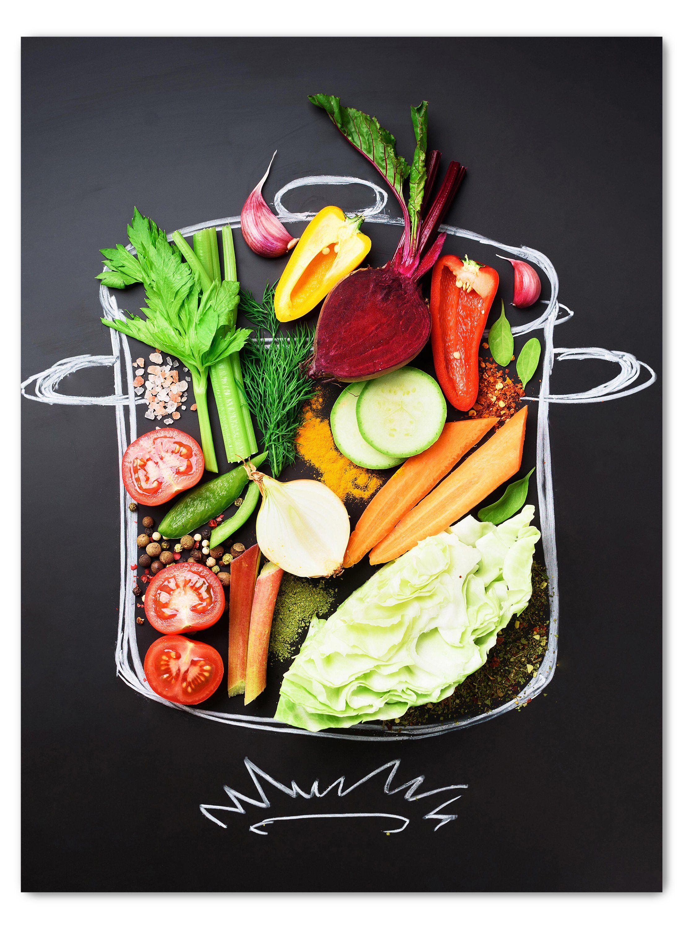 Leinwandbild (1 Obst Wanddeko, in wandmotiv24 Trinken Gemüse, versch. Wandbild, & Größen Hochformat, & Salat, Leinwandbilder Essen Gemüse, St), Kochtopf,