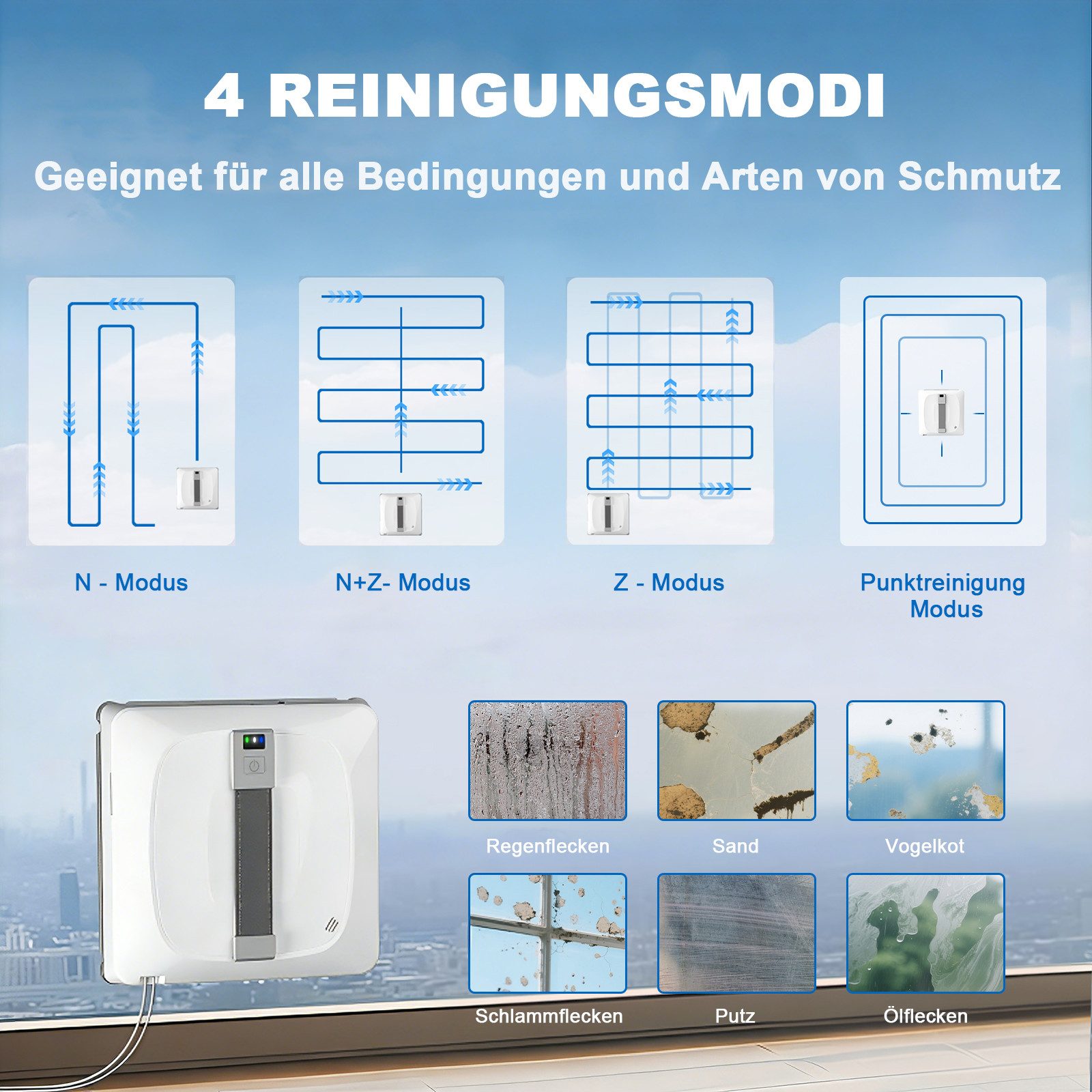 Grenintol Fensterputzroboter Automatischer Fensterputzroboter 8000PA,Fenstersauger mit Water Tank, (Standard-Set, Fensterreinigungsroboter-Set mit Zubehör (inkl. 4x Mikrofasertücher) Fensterreiniger mit 4 Sprühdüsen,innov.Sprühsystem & Lasersensoren