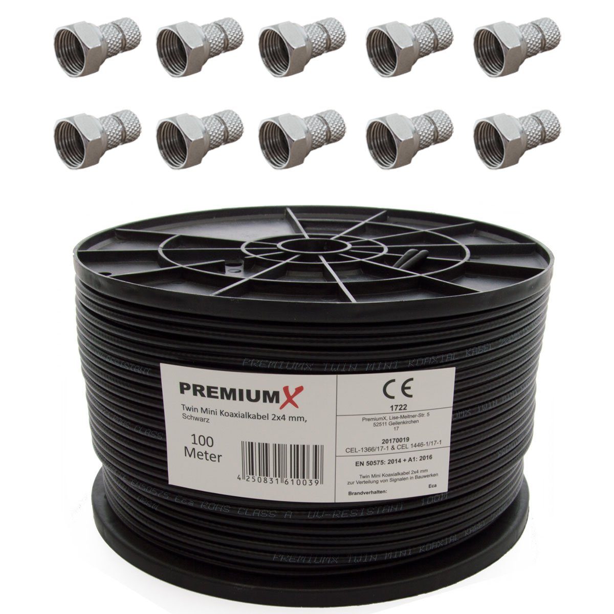 PremiumX 100 Meter Sat Koaxial Kabel Twin Mini 2x 4 mm Schwarz + 10x F-Stecker SAT-Kabel