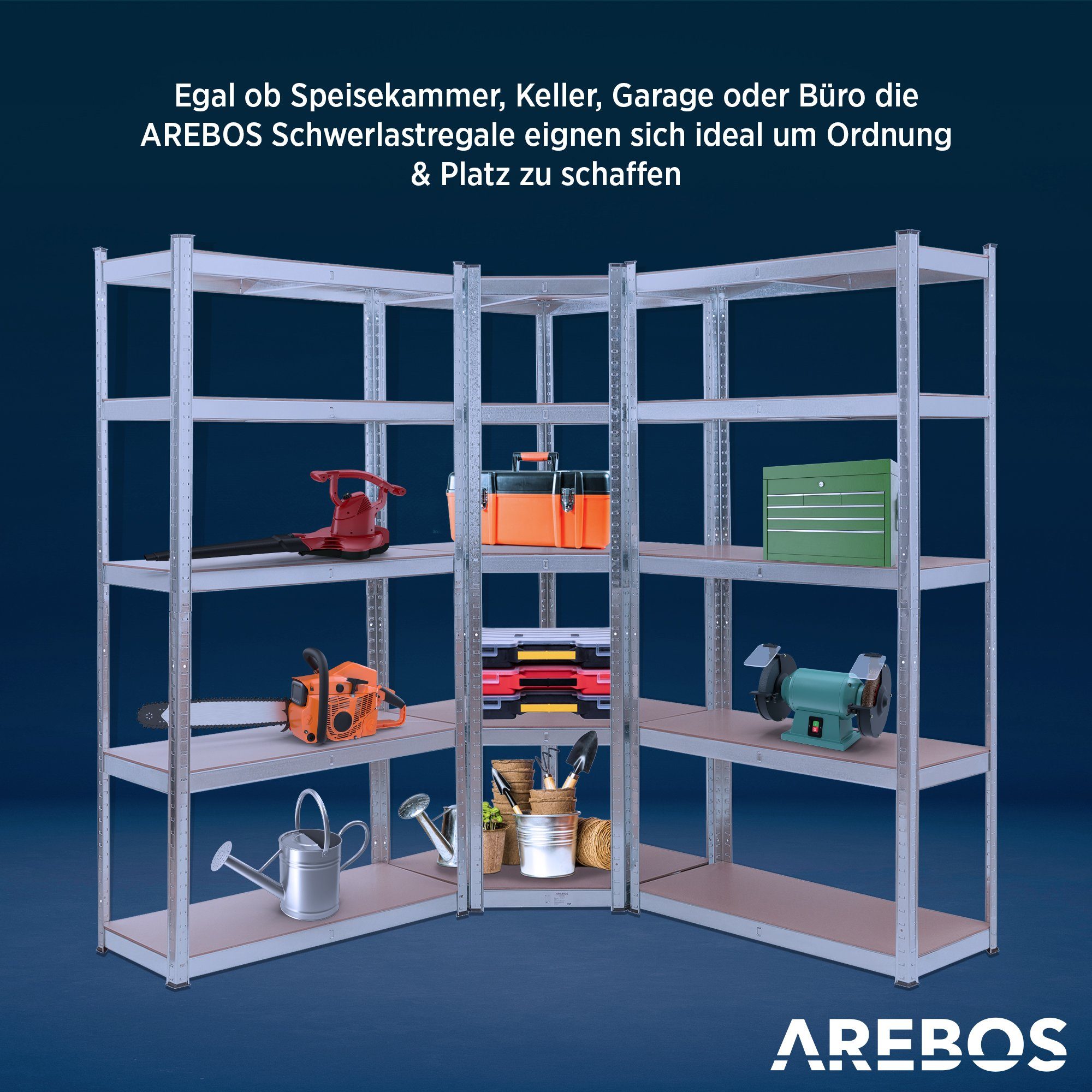 Arebos Schwerlastregal 2x 180 x 90 x 40 cm Eckregal 180 x 70 x 70 cm, je 875 kg, Set 3-tlg., Flexibel einsetzbar: für Werkstatt, Garage, Keller oder Lager – Bild 5 von 5